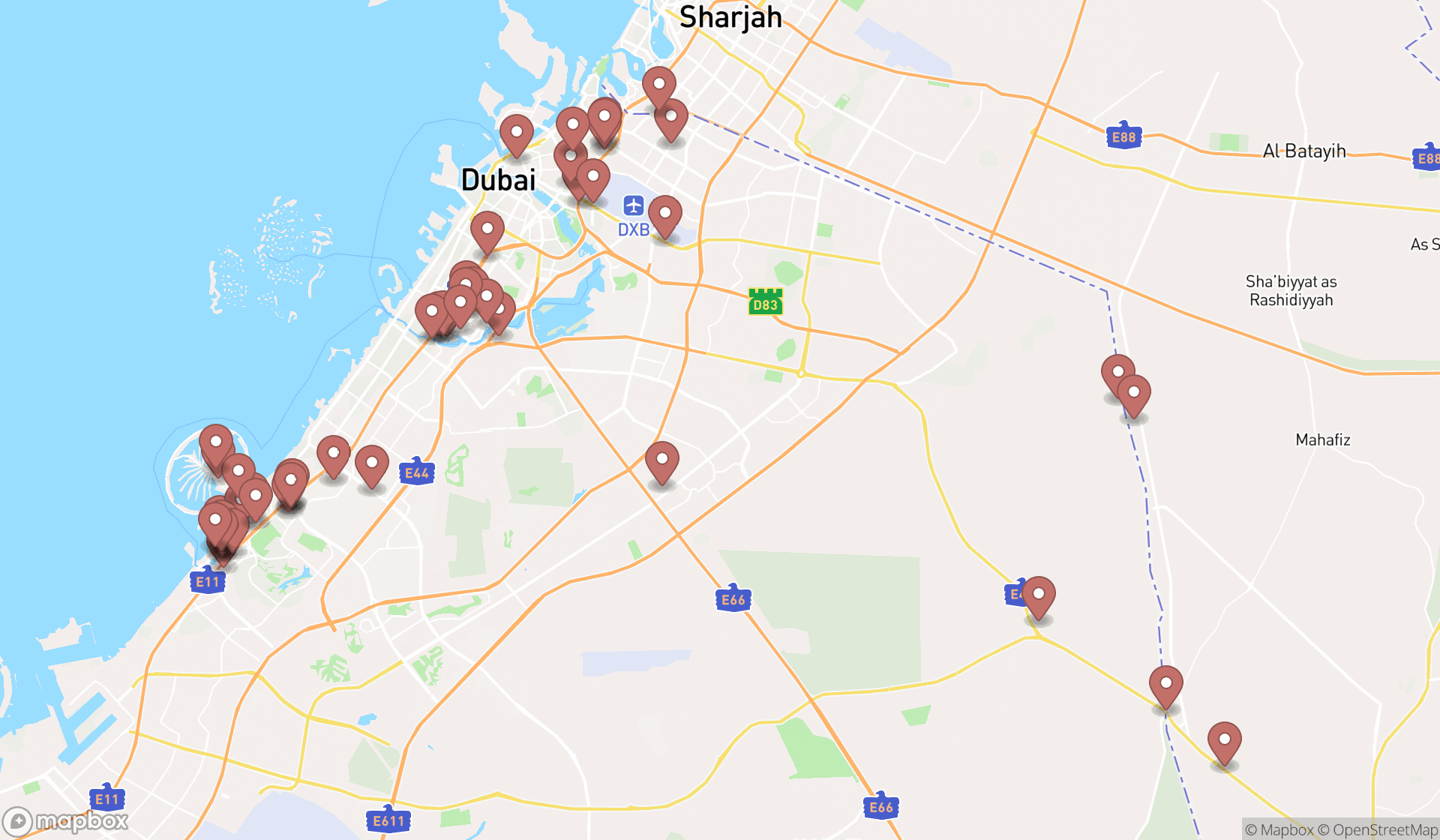 Map showing the search results in Dubai