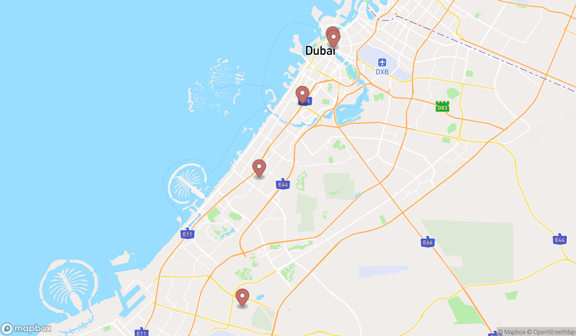Map showing the search results in Dubai