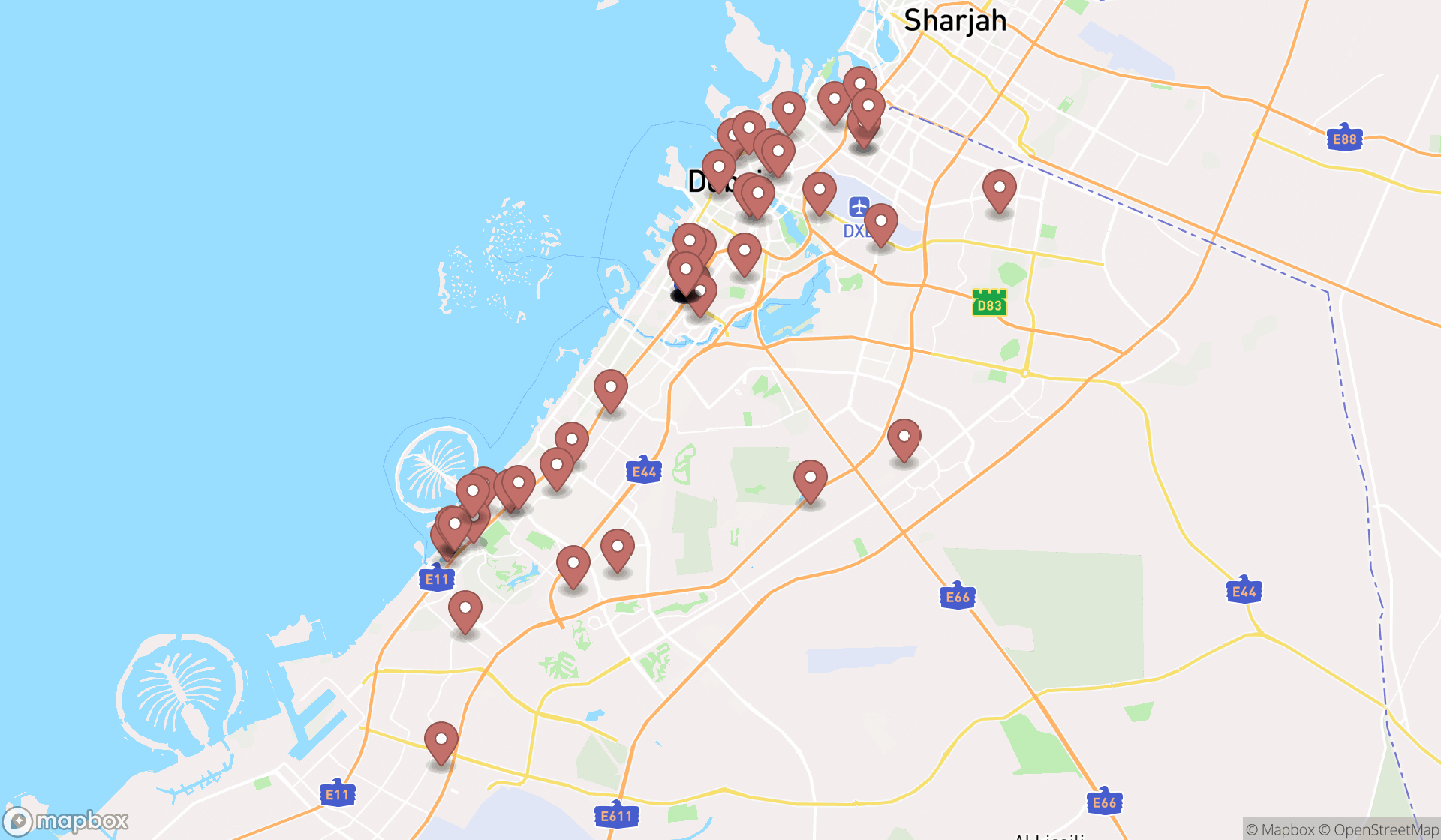 Map showing the search results in Dubai