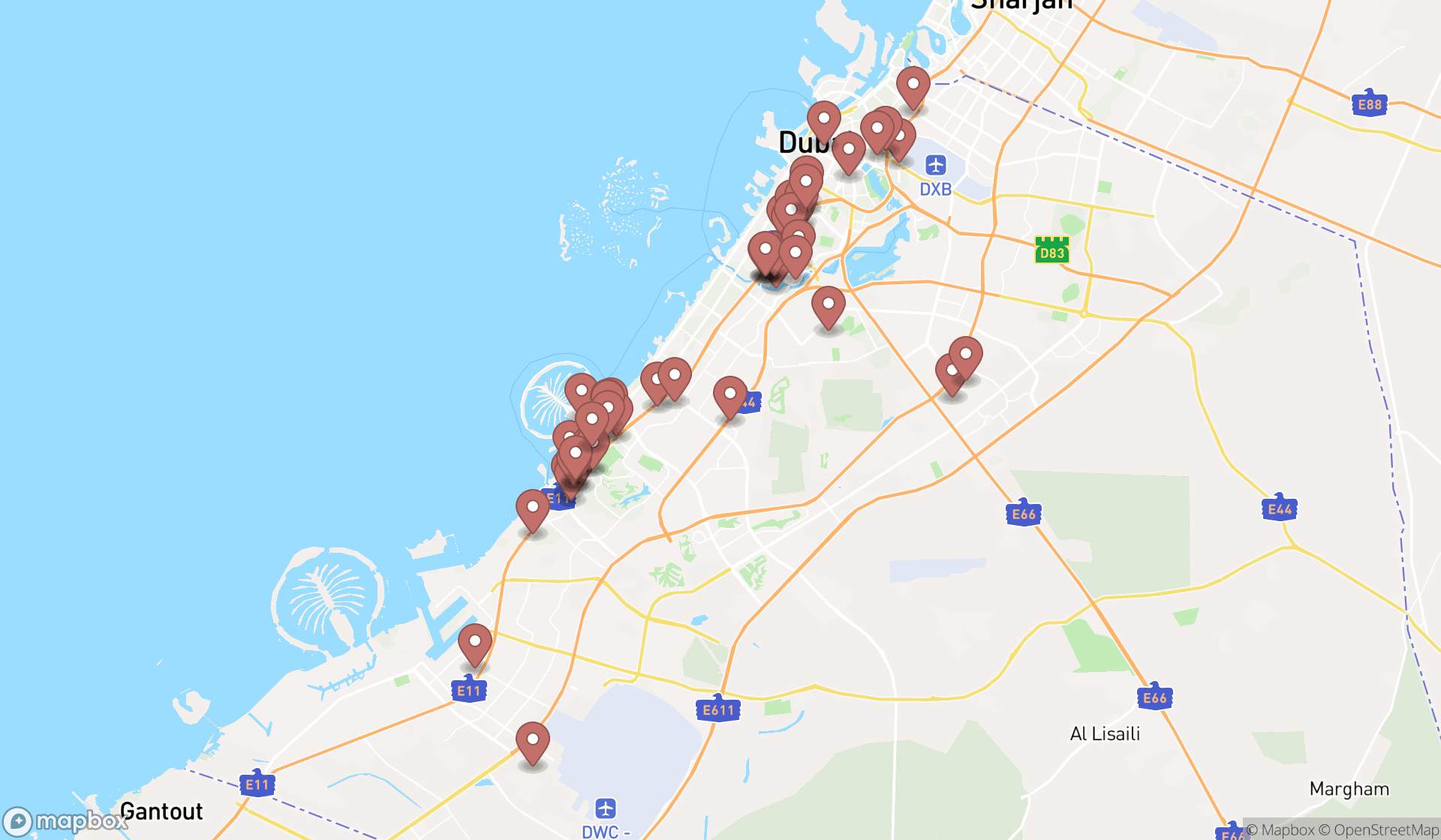 Map showing the search results in Dubai