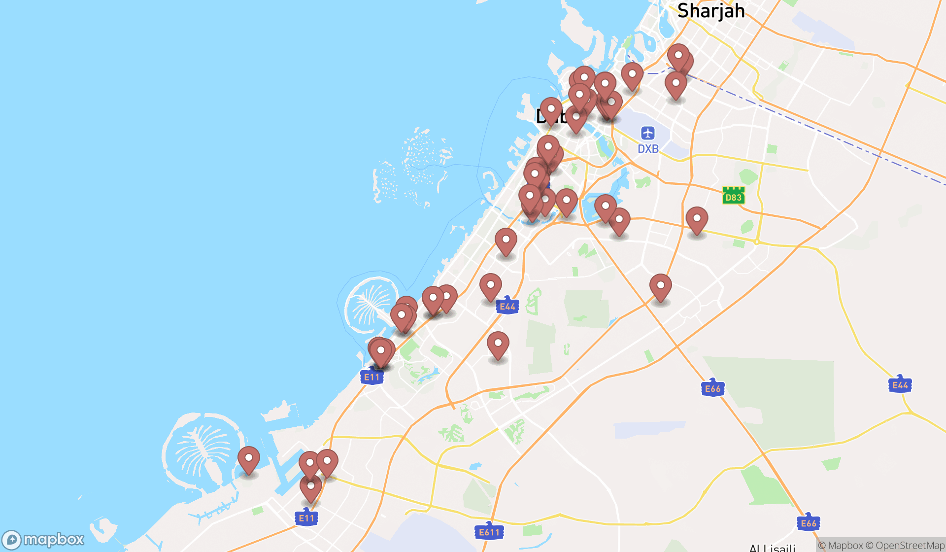 Map showing the search results in Dubai