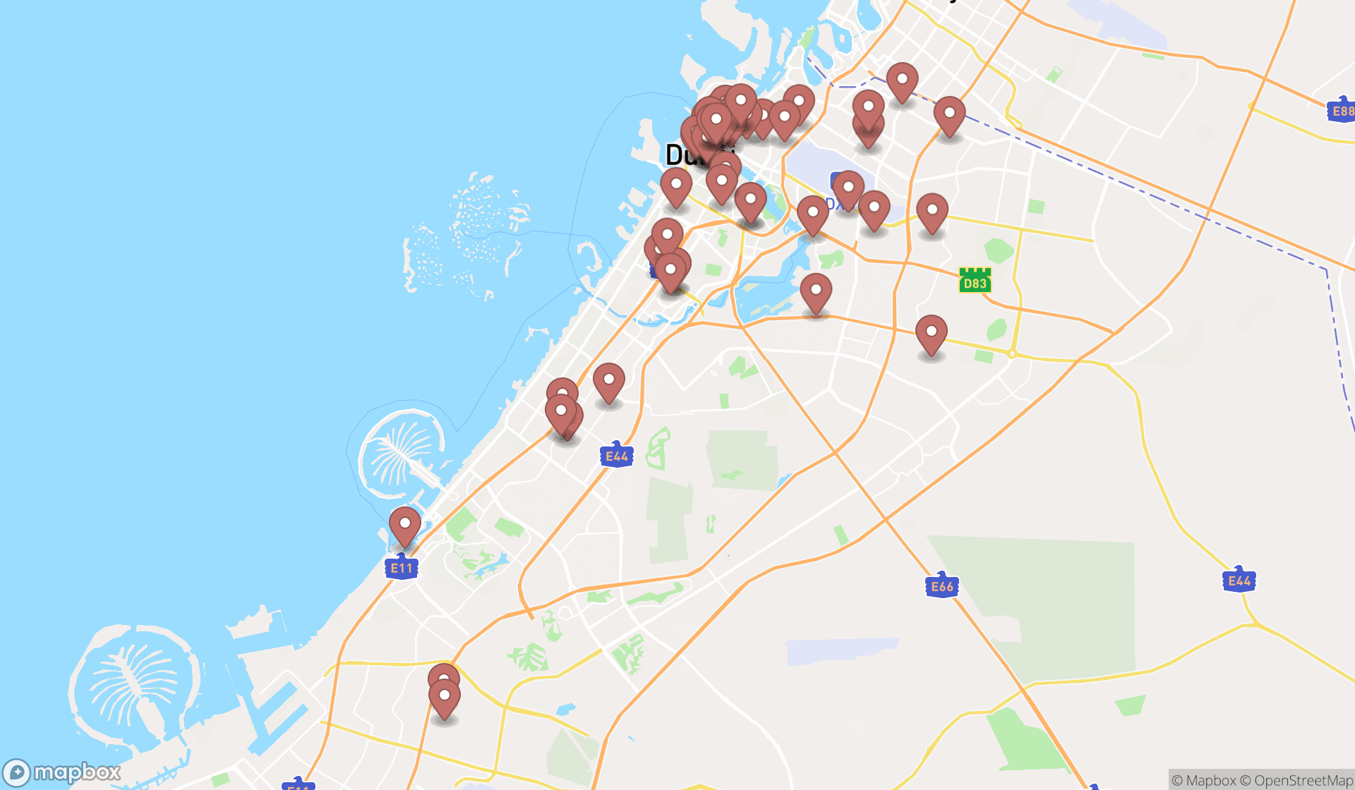 Map showing the search results in Dubai