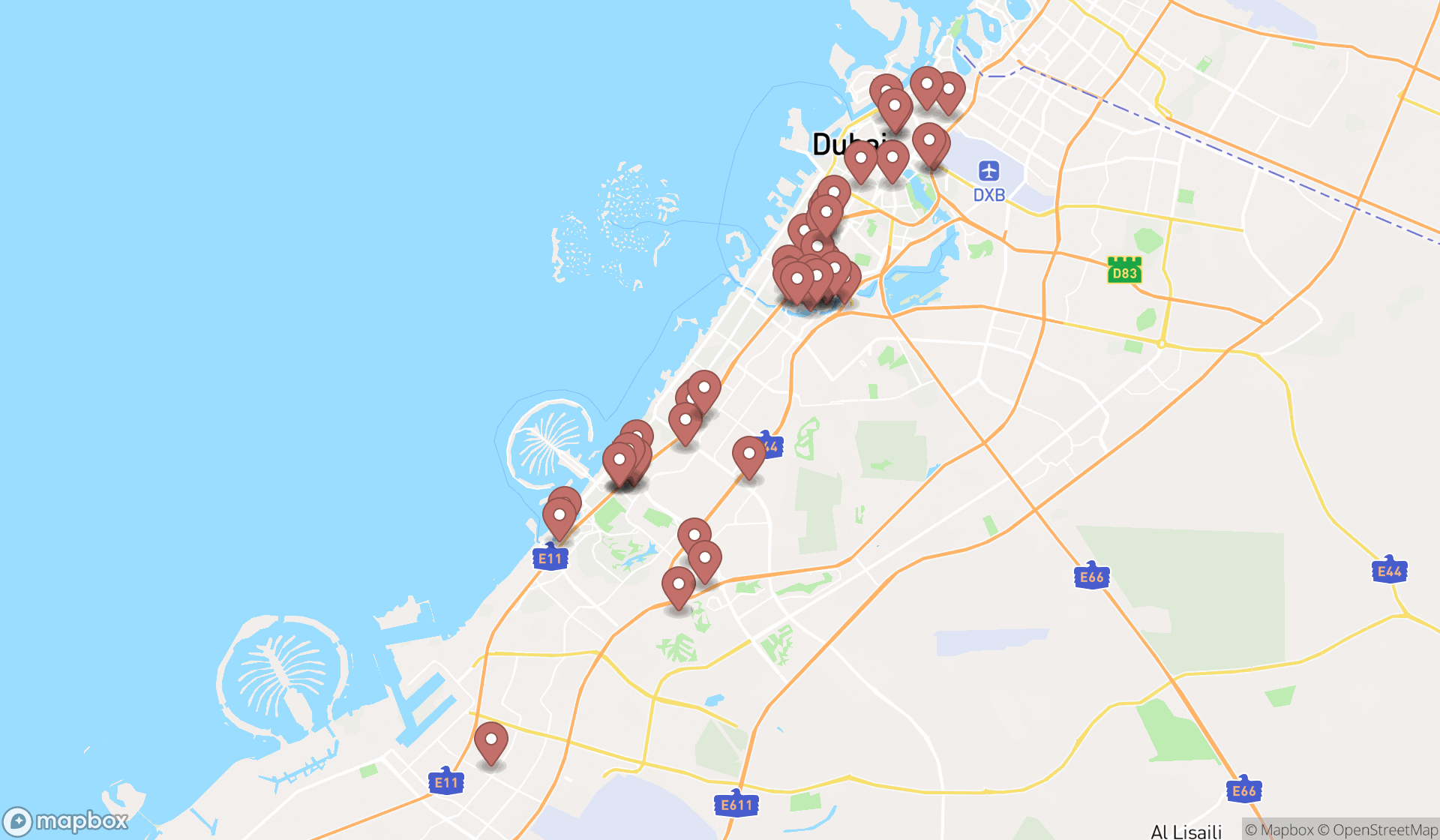 Map showing the search results in Dubai