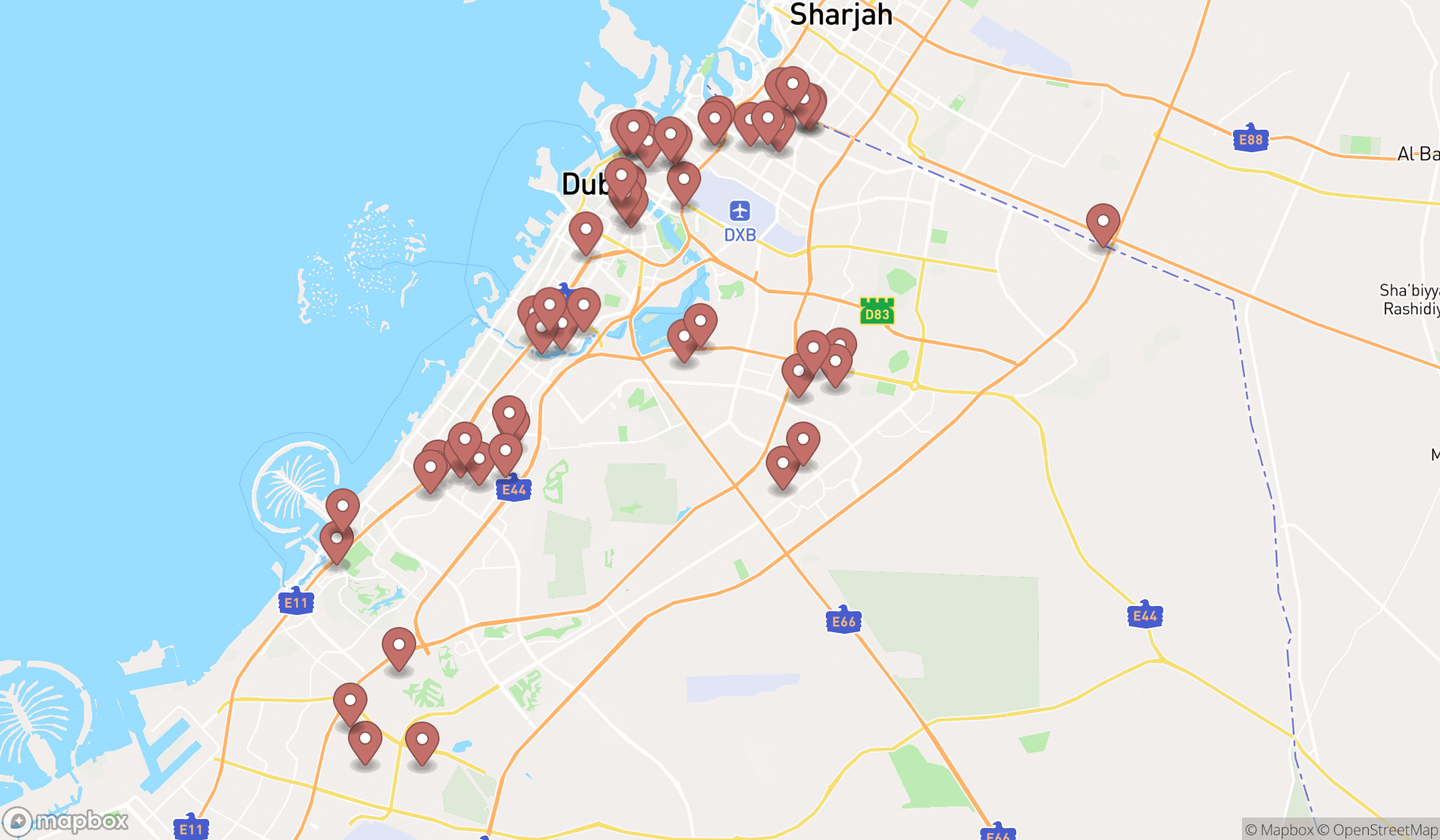Map showing the search results in Dubai