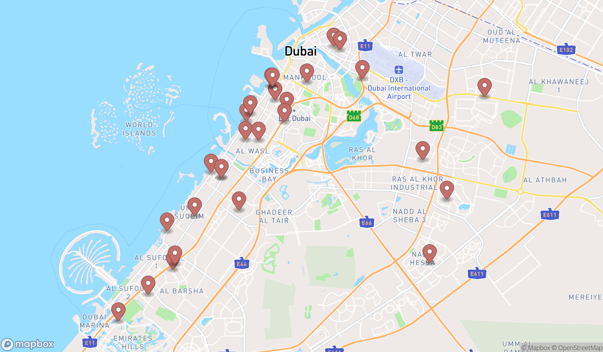 Map showing the search results in Dubai