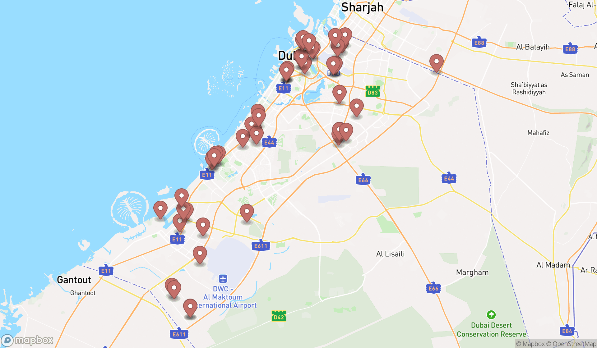 Map showing the search results in Dubai