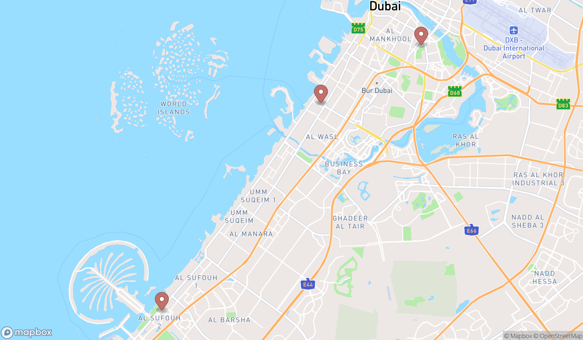 Map showing the search results in Dubai