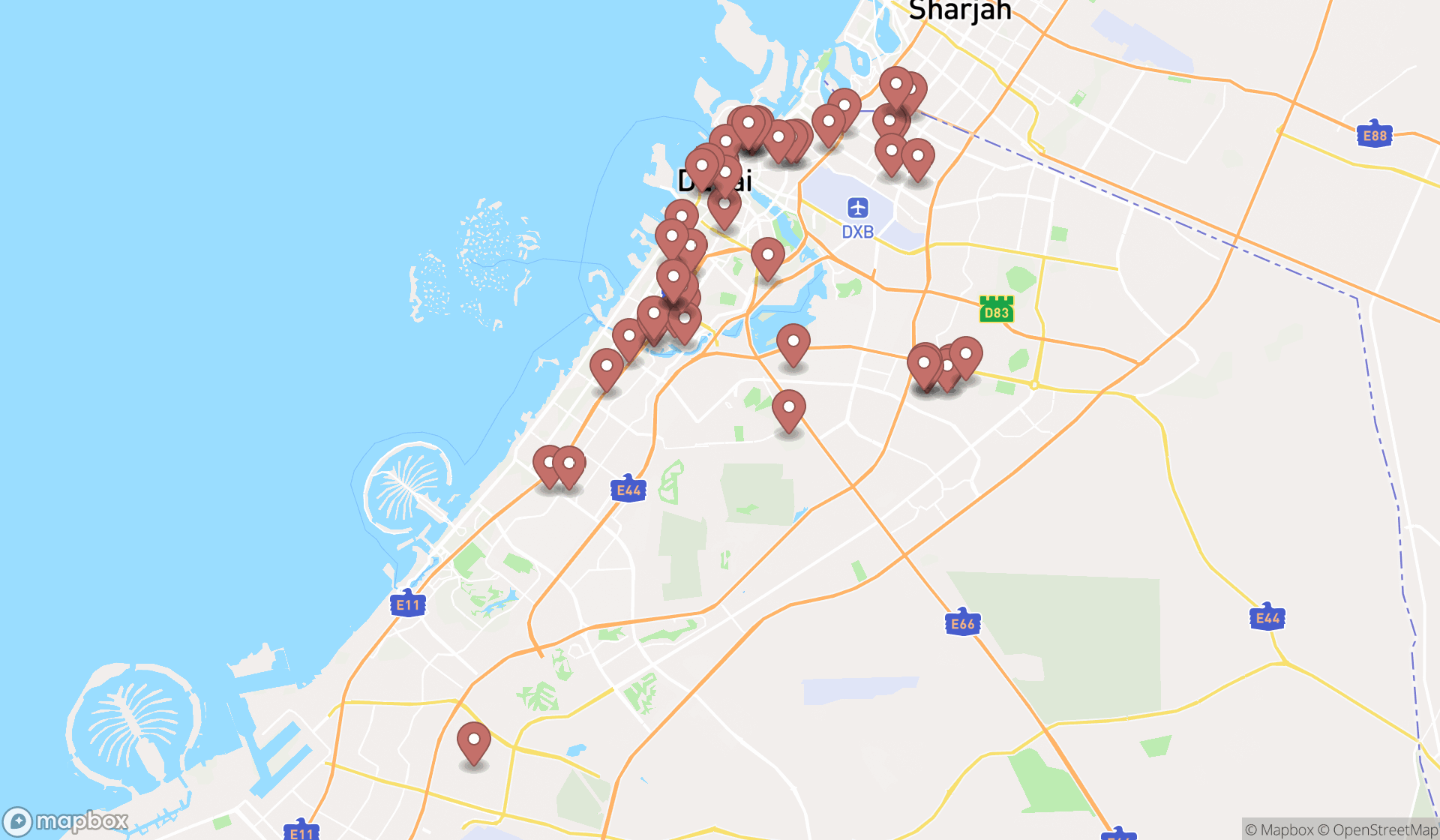 Map showing the search results in Dubai