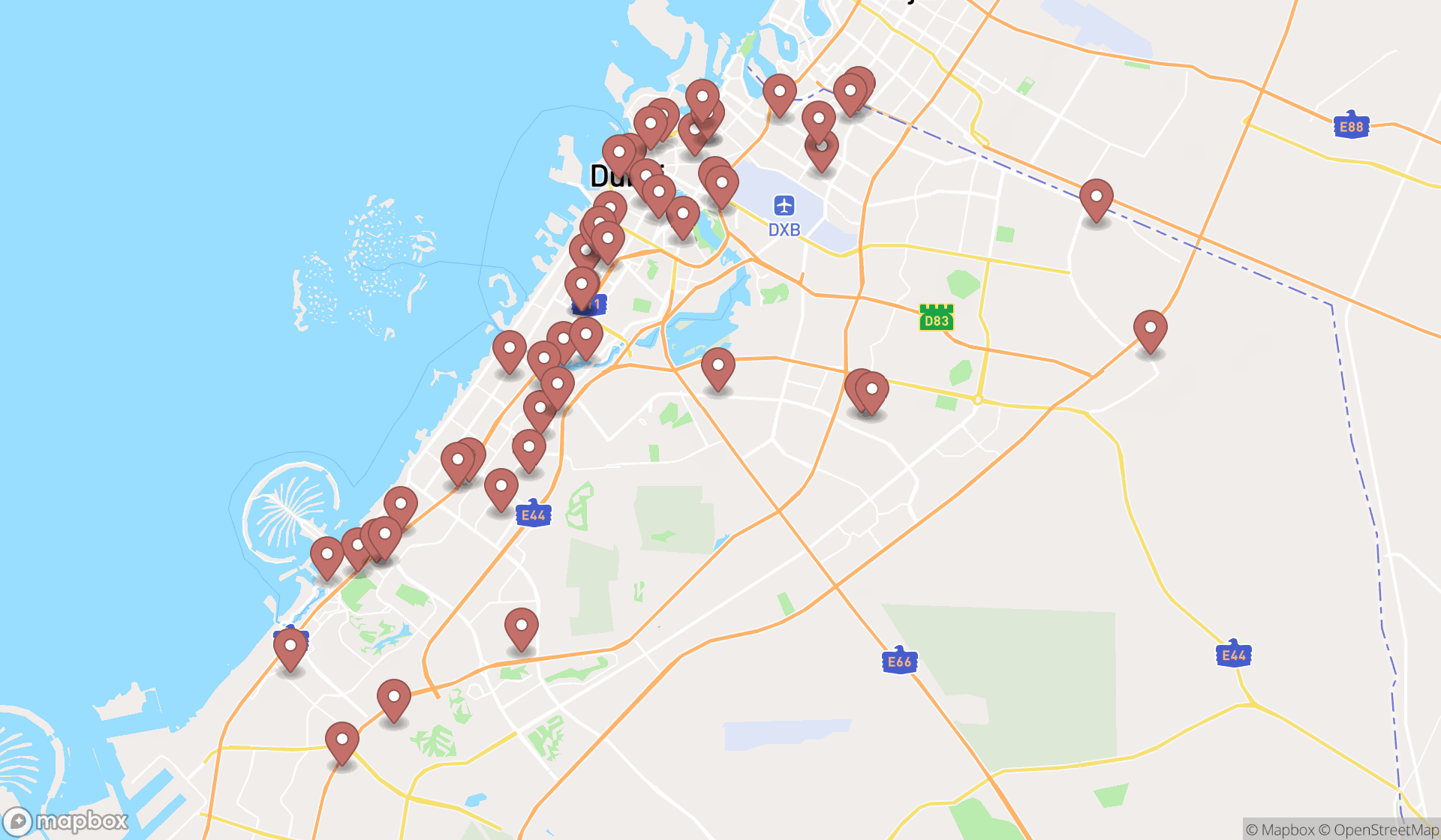 Map showing the search results in Dubai