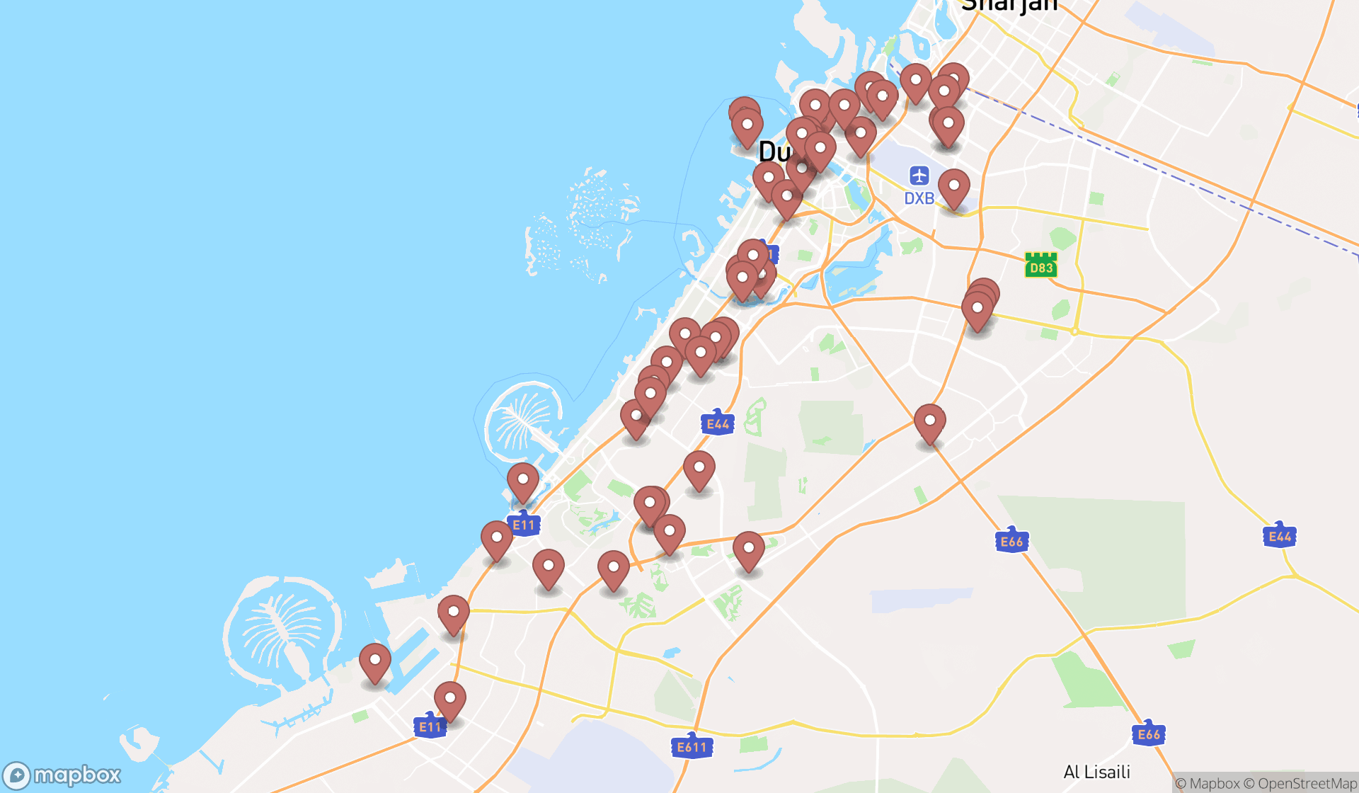Map showing the search results in Dubai