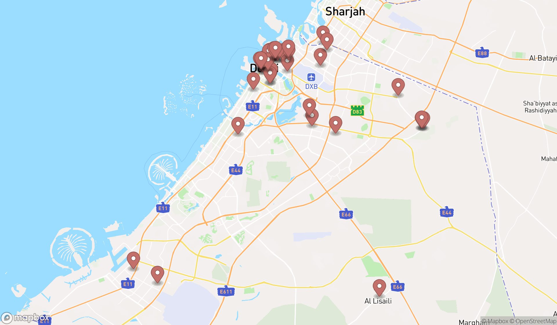 Map showing the search results in Dubai