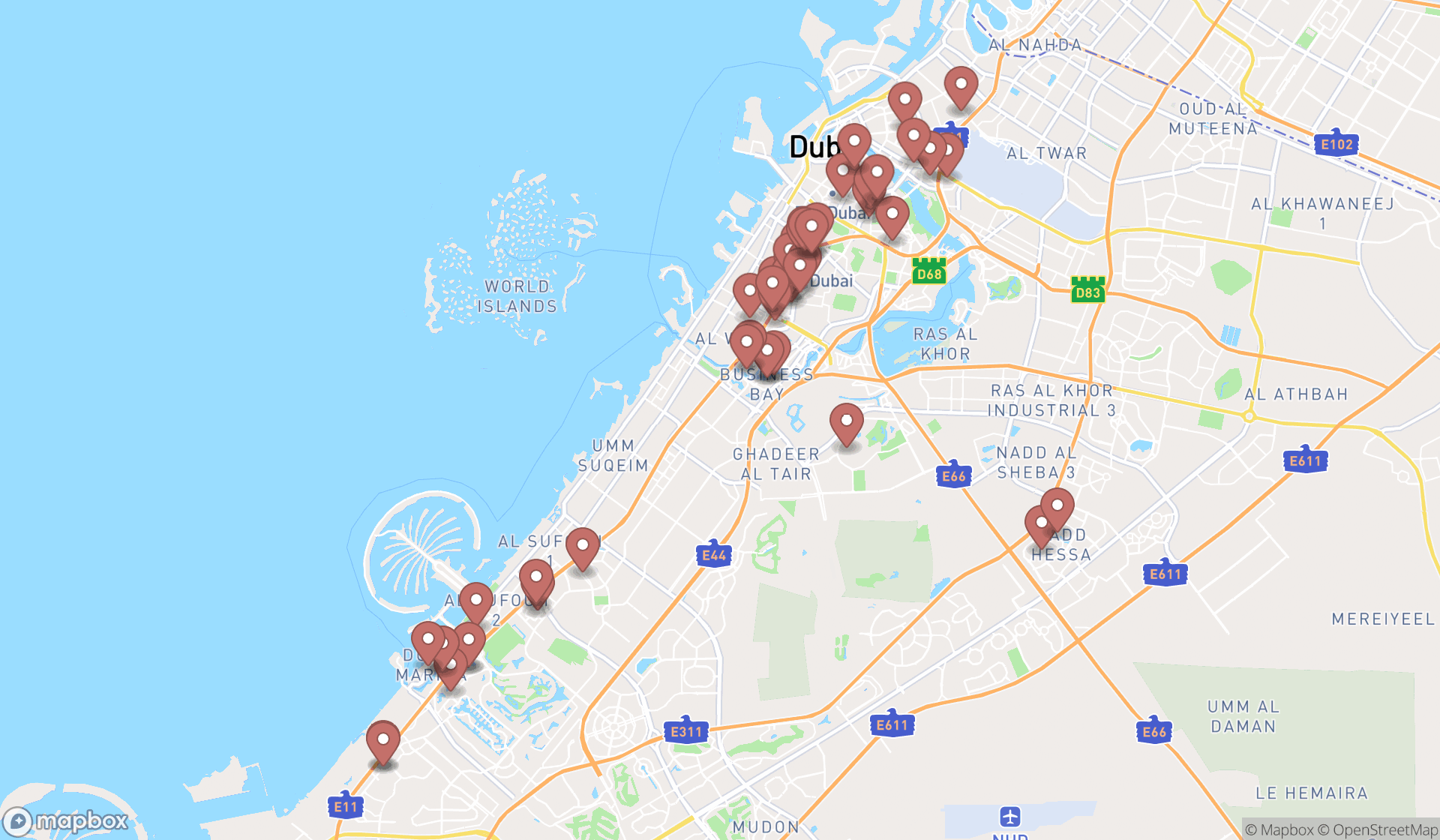 Map showing the search results in Dubai