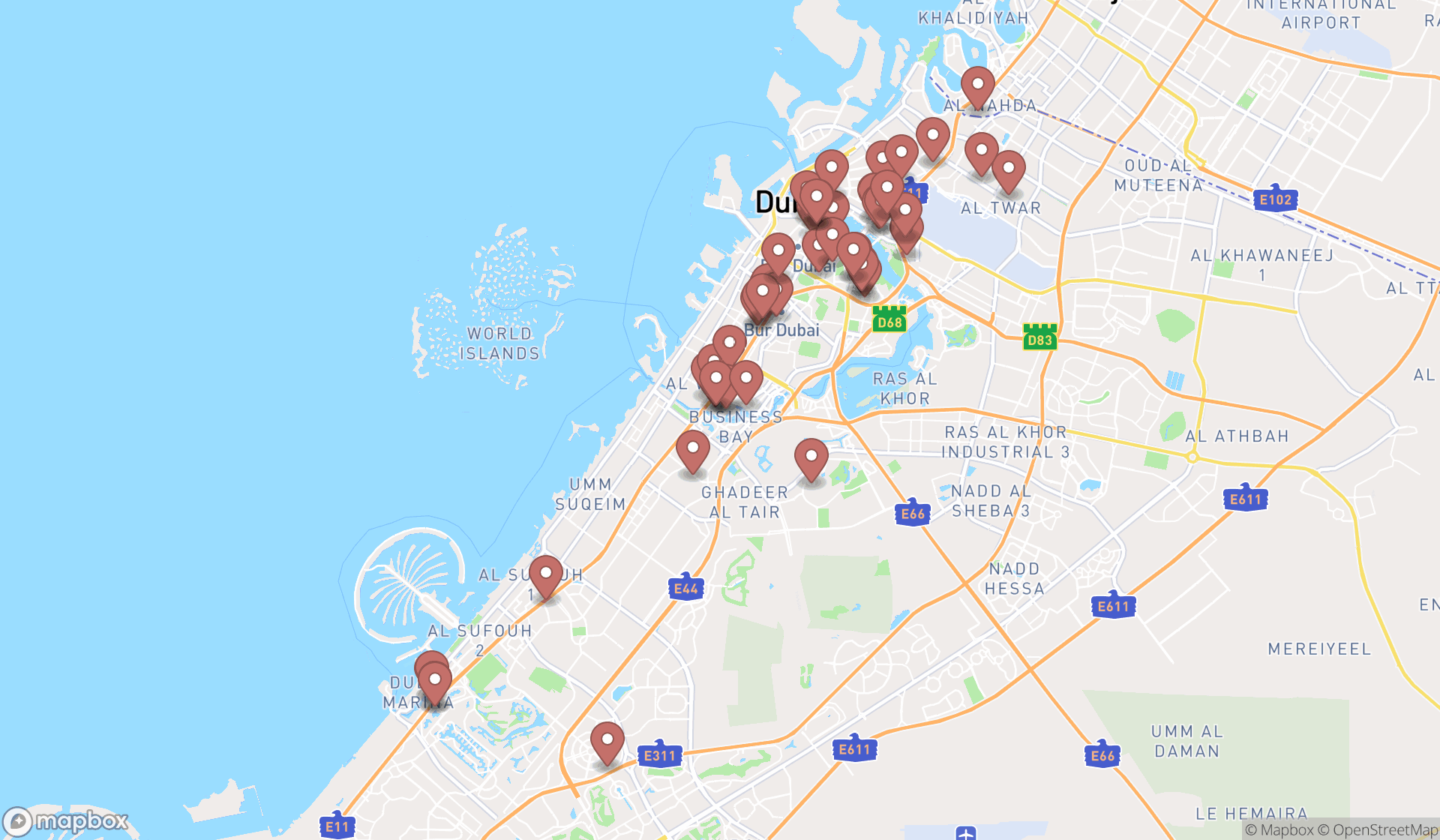 Map showing the search results in Dubai
