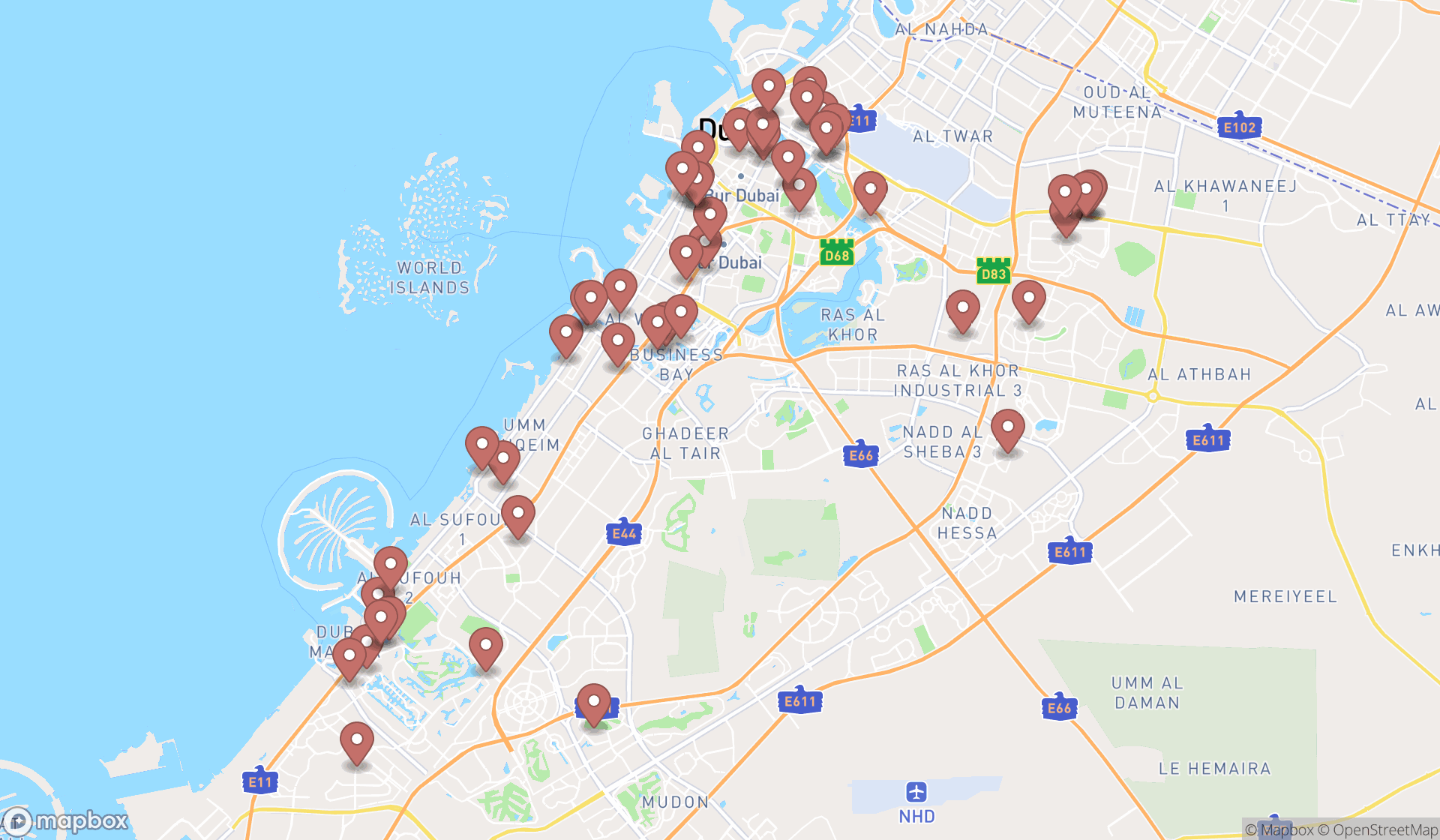 Map showing the search results in Dubai