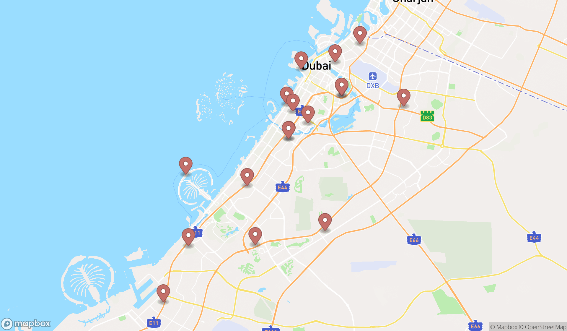 Map showing the search results in Dubai