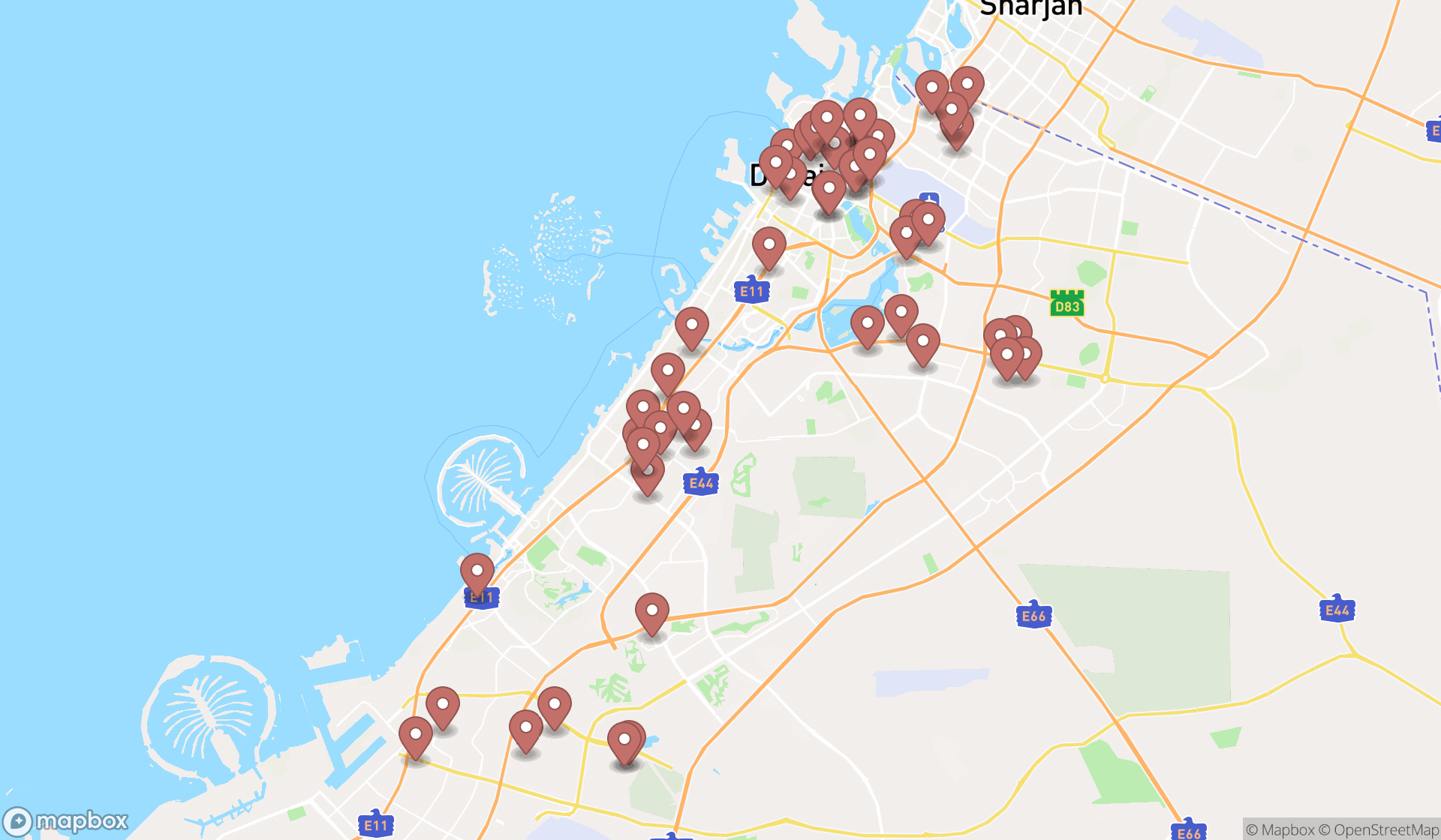 Map showing the search results in Dubai