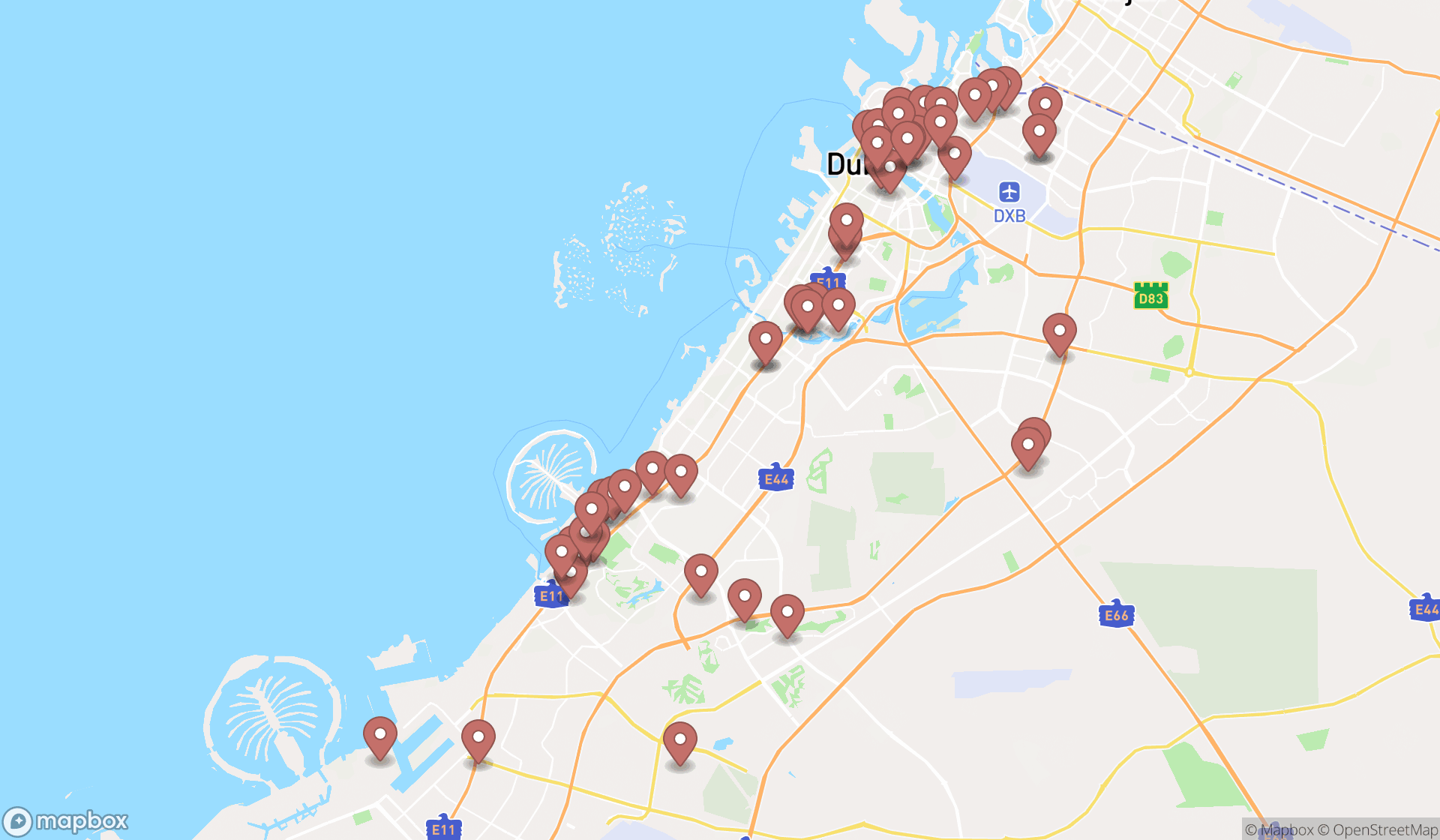 Map showing the search results in Dubai