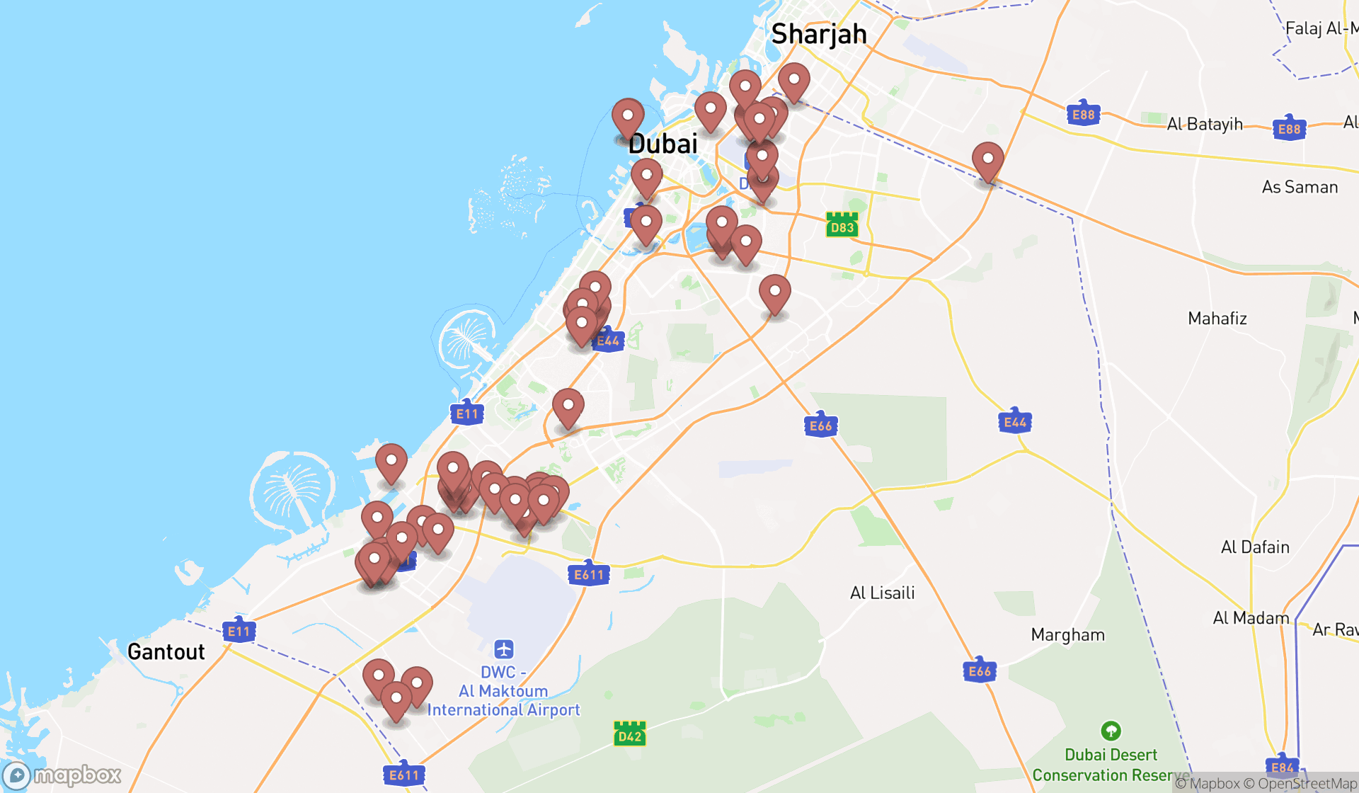 Map showing the search results in Dubai