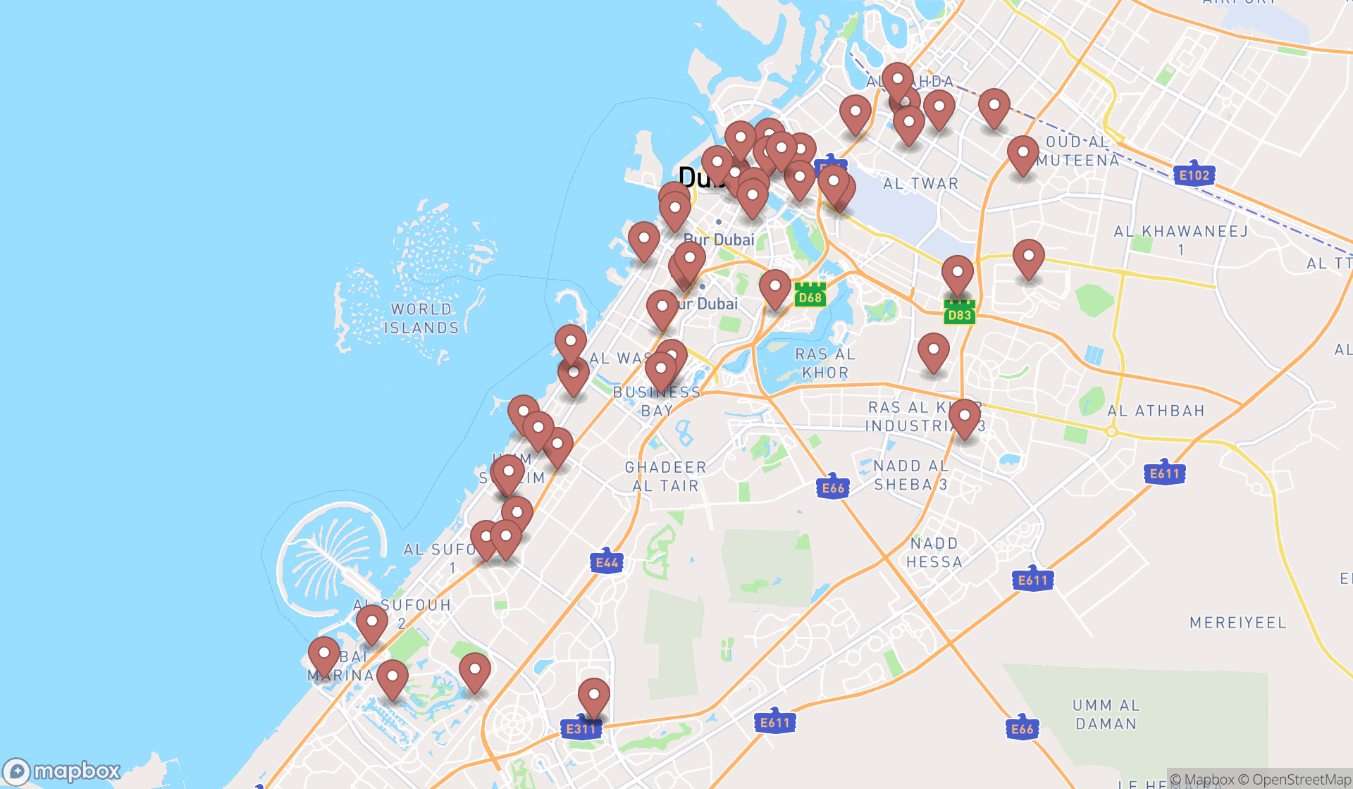 Map showing the search results in Dubai