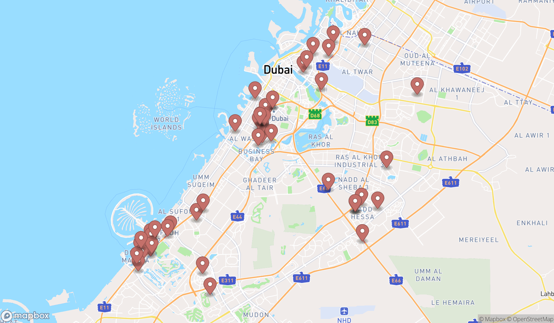 Map showing the search results in Dubai