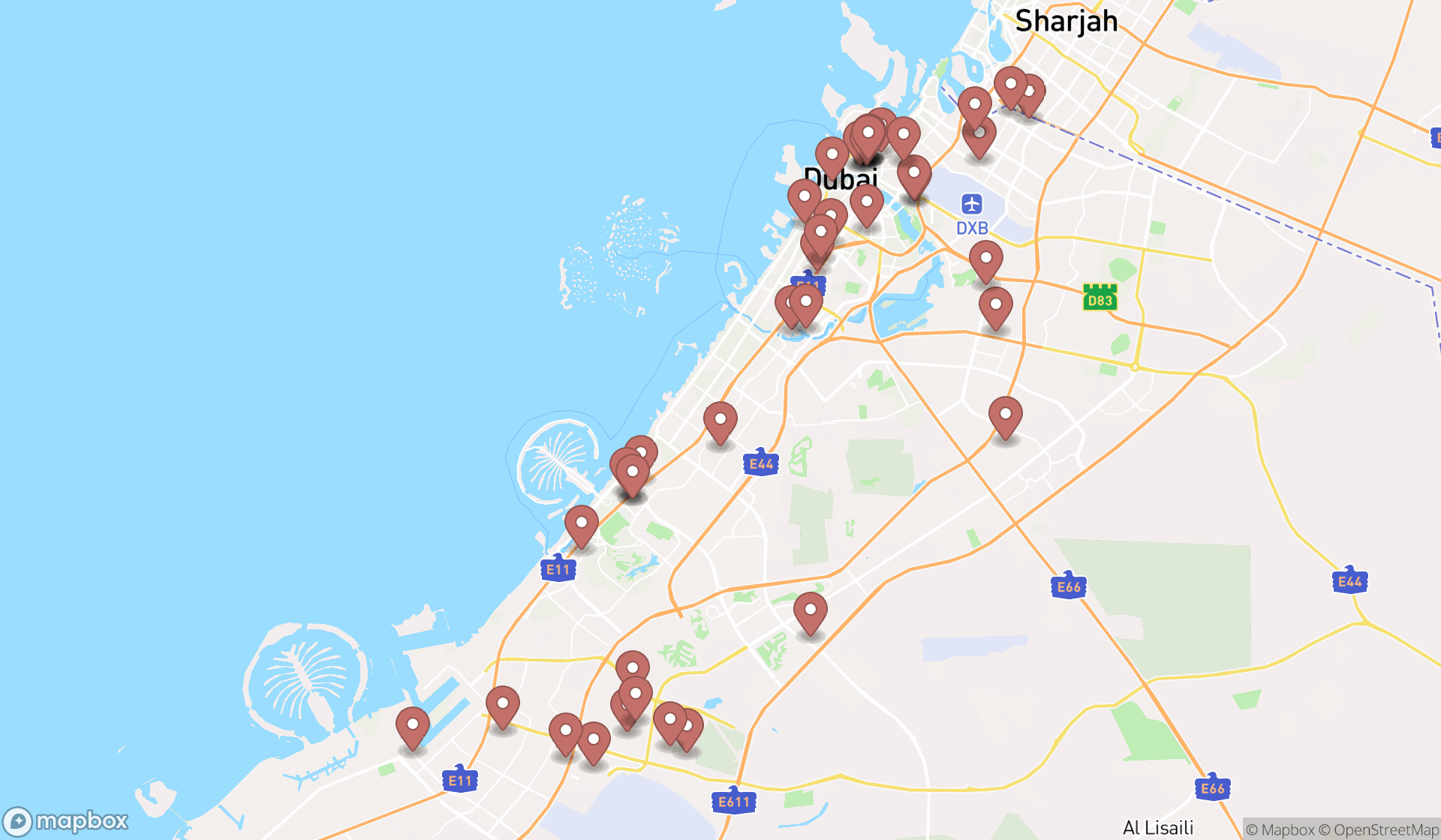 Map showing the search results in Dubai