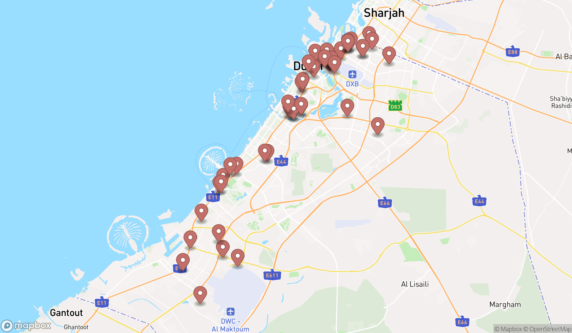 Map showing the search results in Dubai