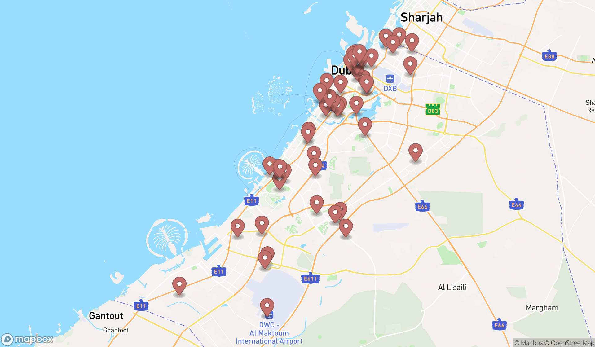 Map showing the search results in Dubai