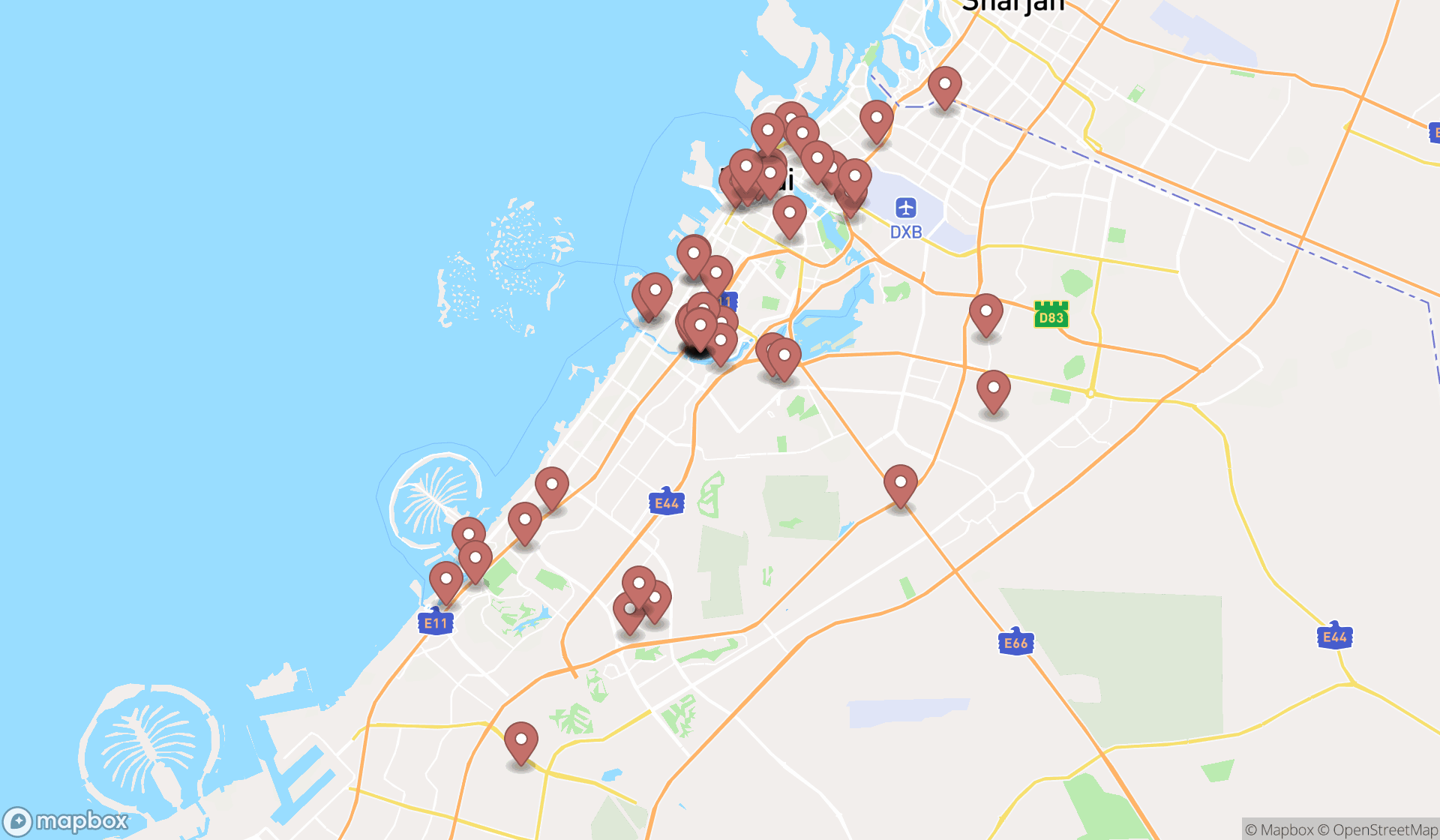 Map showing the search results in Dubai