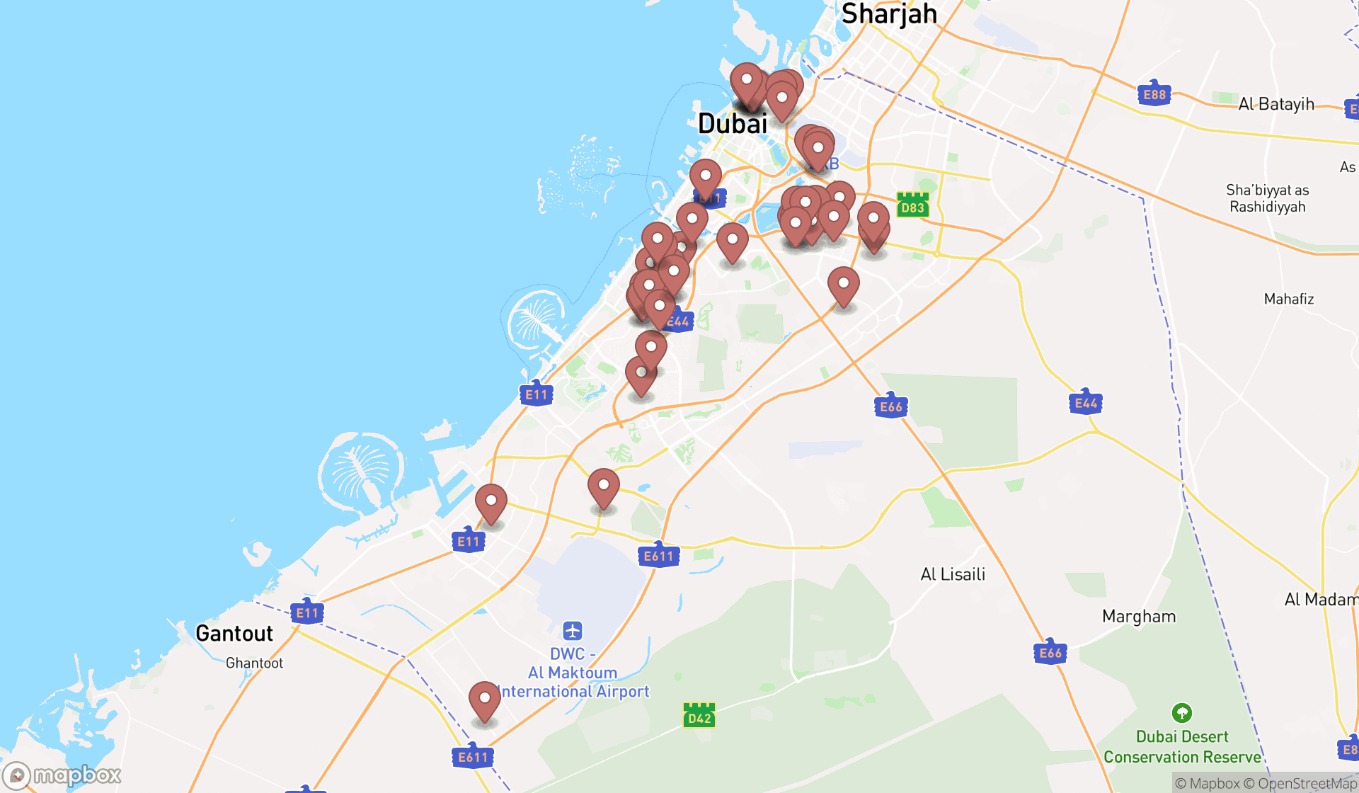 Map showing the search results in Dubai