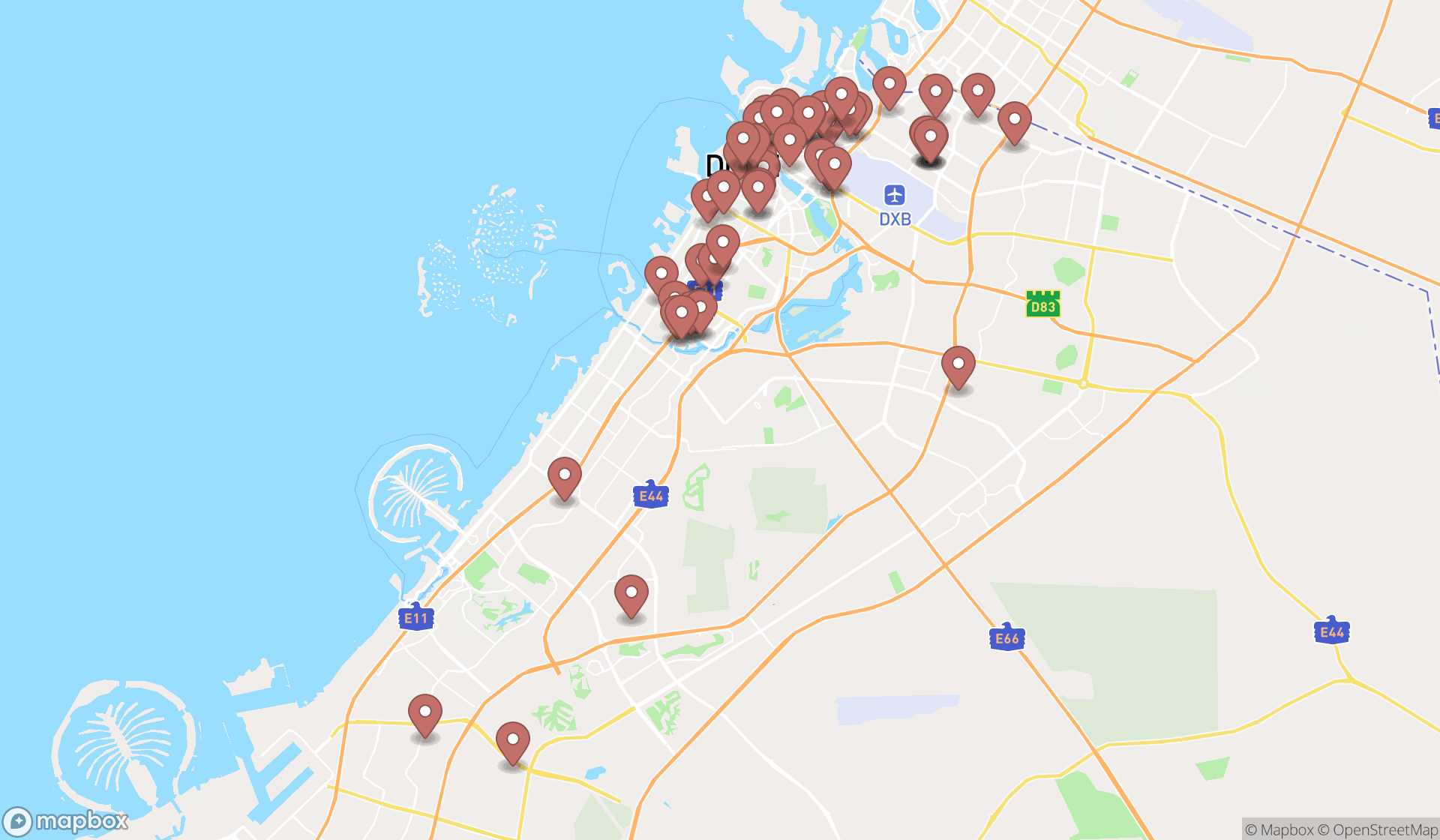 Map showing the search results in Dubai
