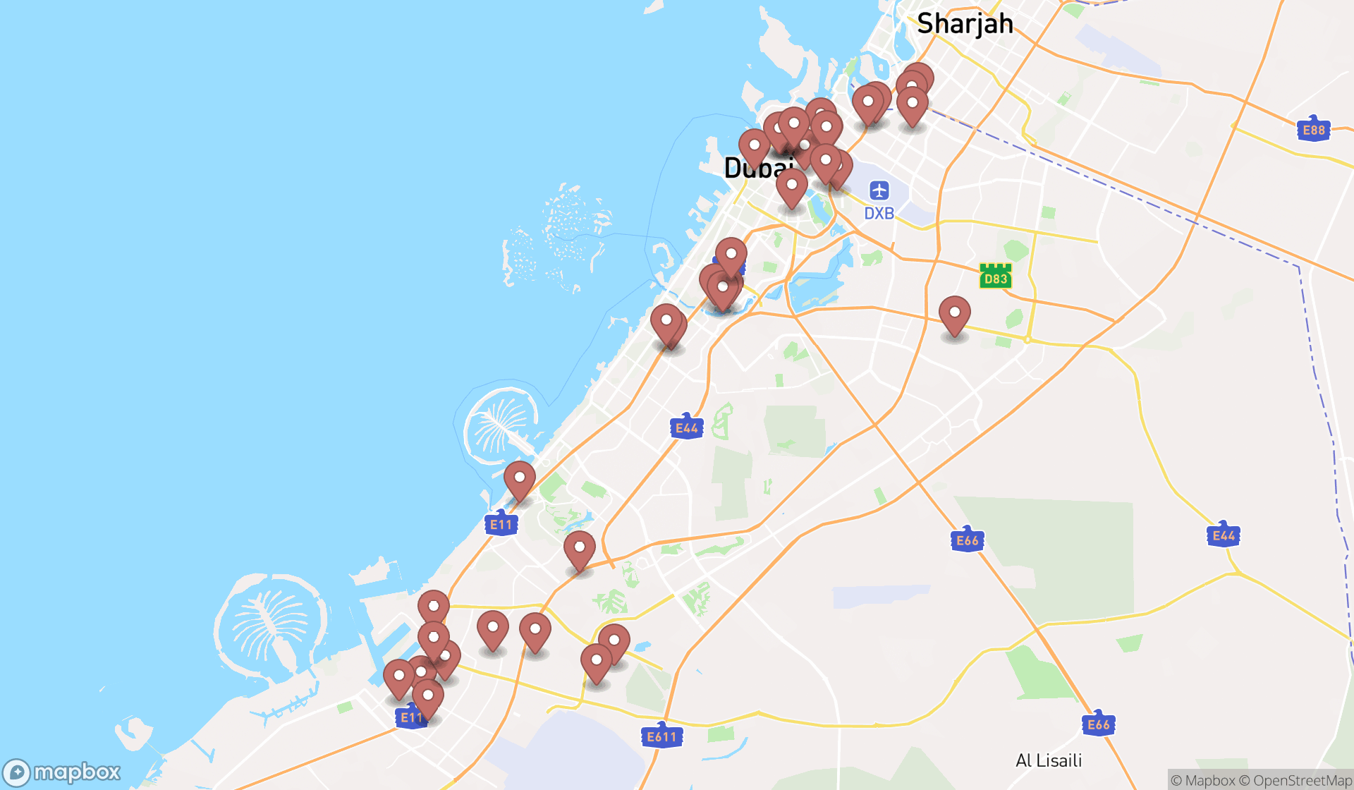Map showing the search results in Dubai