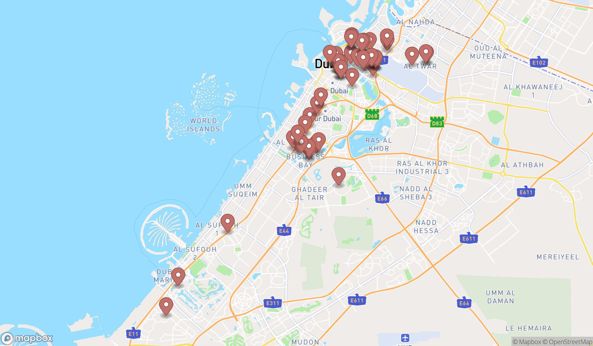 Map showing the search results in Dubai