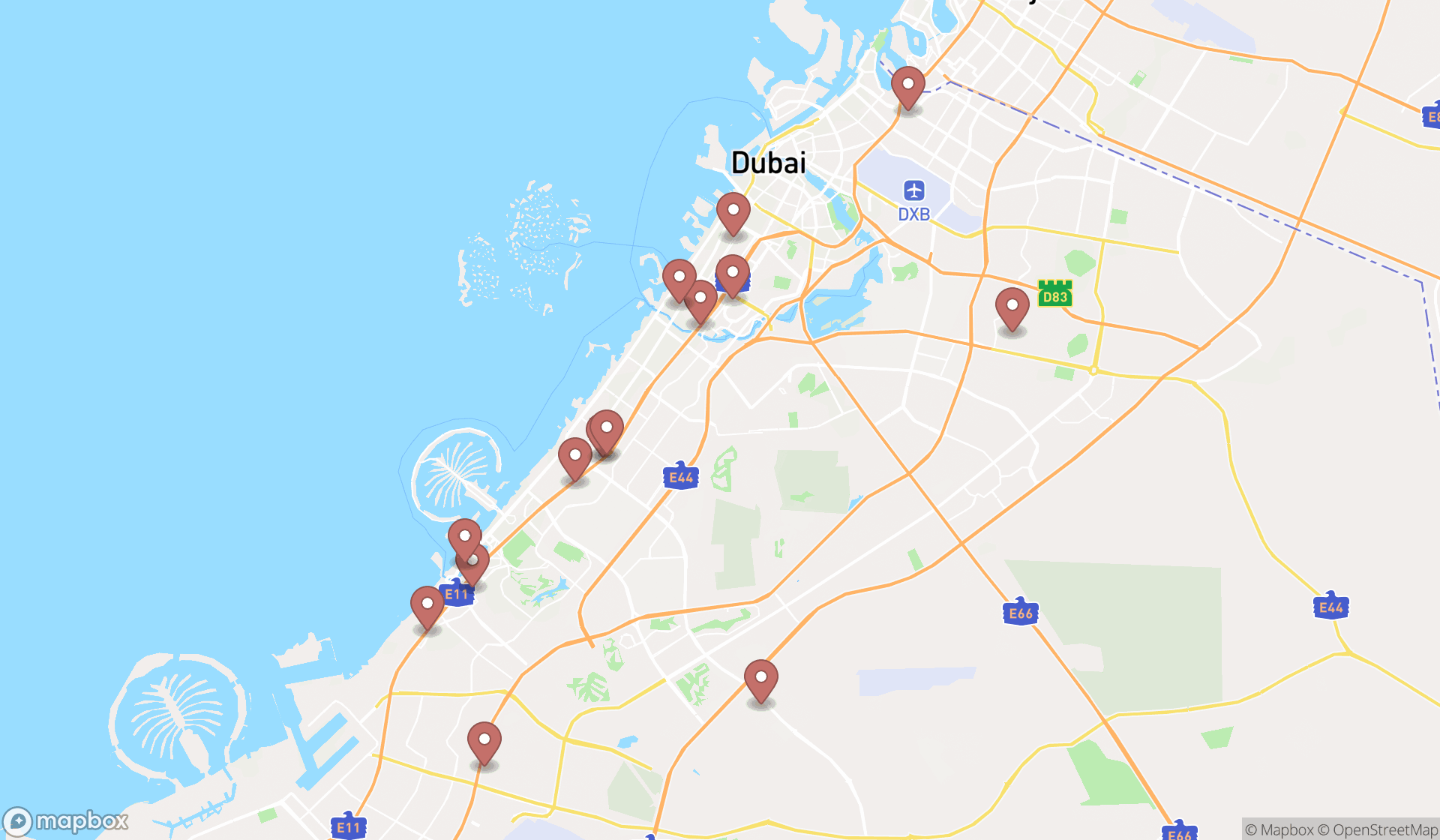 Map showing the search results in Dubai