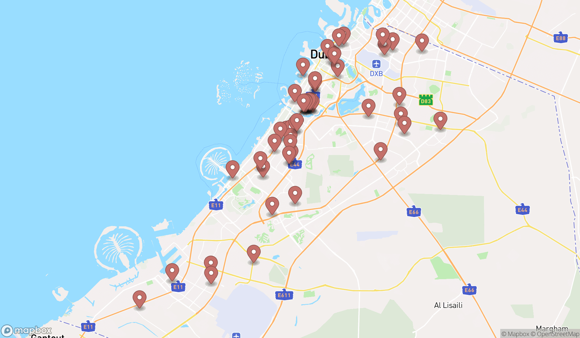 Map showing the search results in Dubai