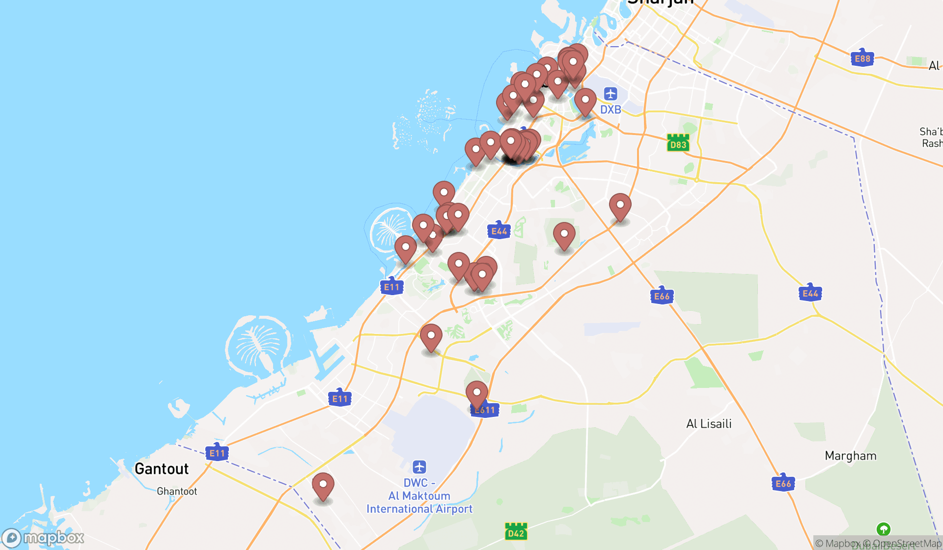 Map showing the search results in Dubai