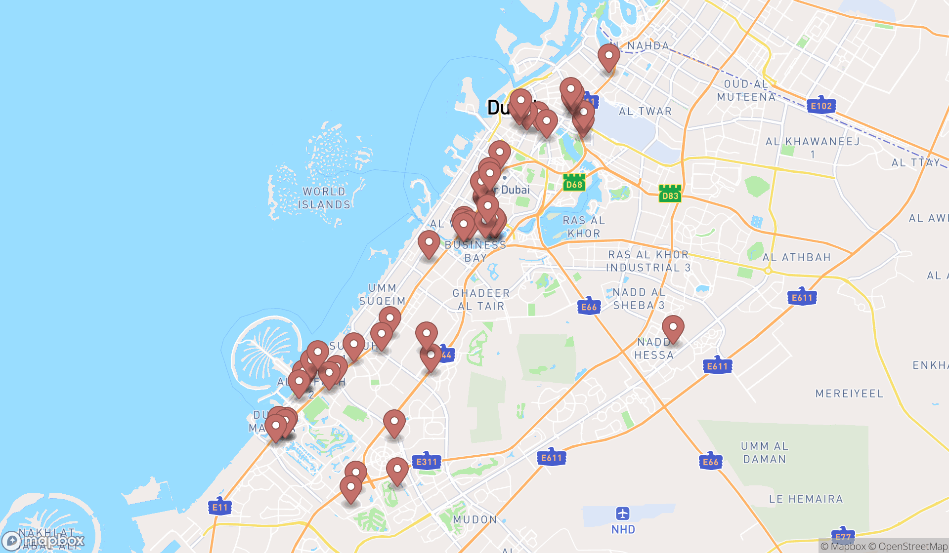 Map showing the search results in Dubai