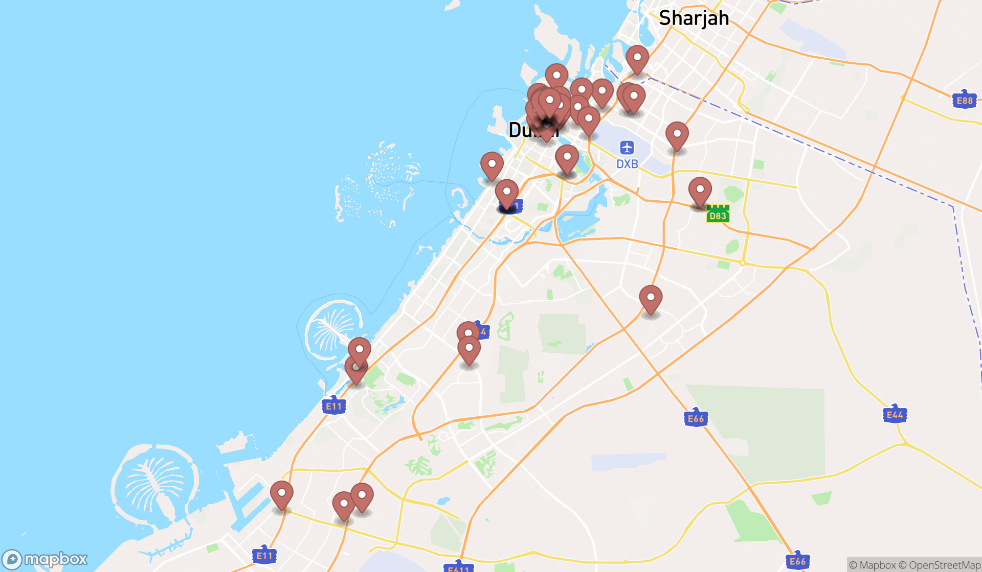 Map showing the search results in Dubai