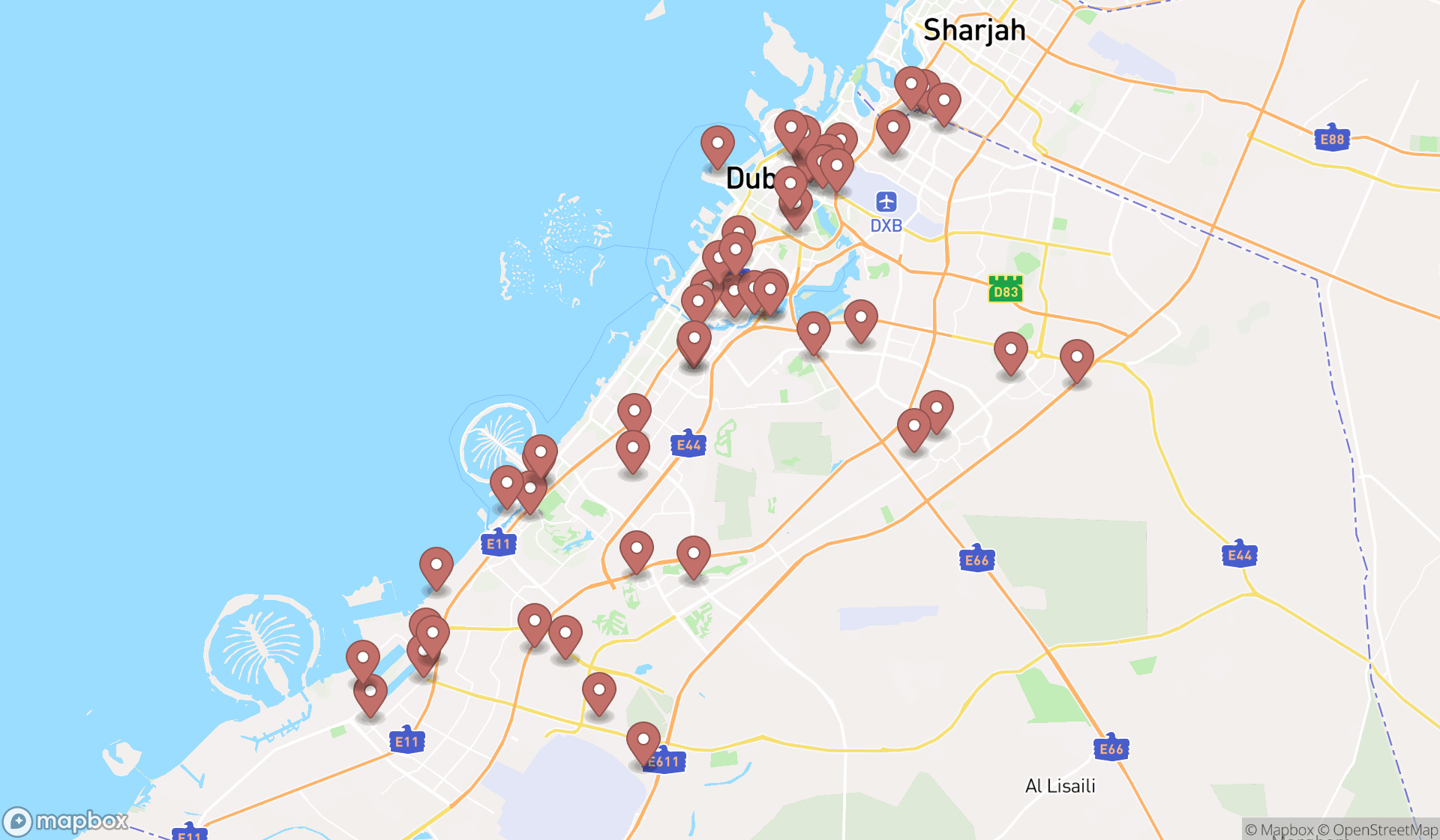 Map showing the search results in Dubai