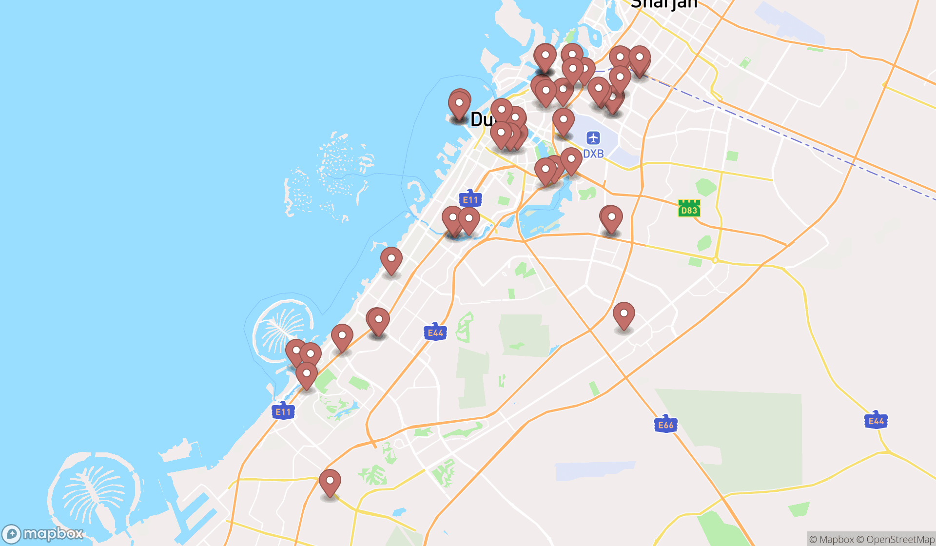 Map showing the search results in Dubai