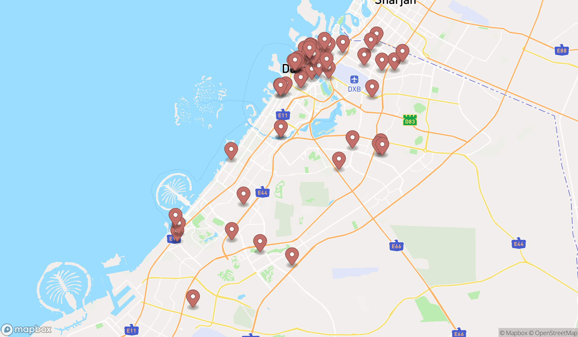 Map showing the search results in Dubai