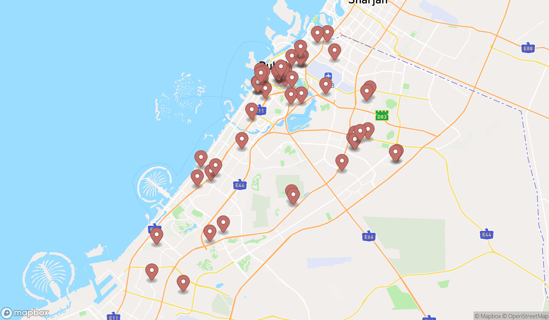 Map showing the search results in Dubai
