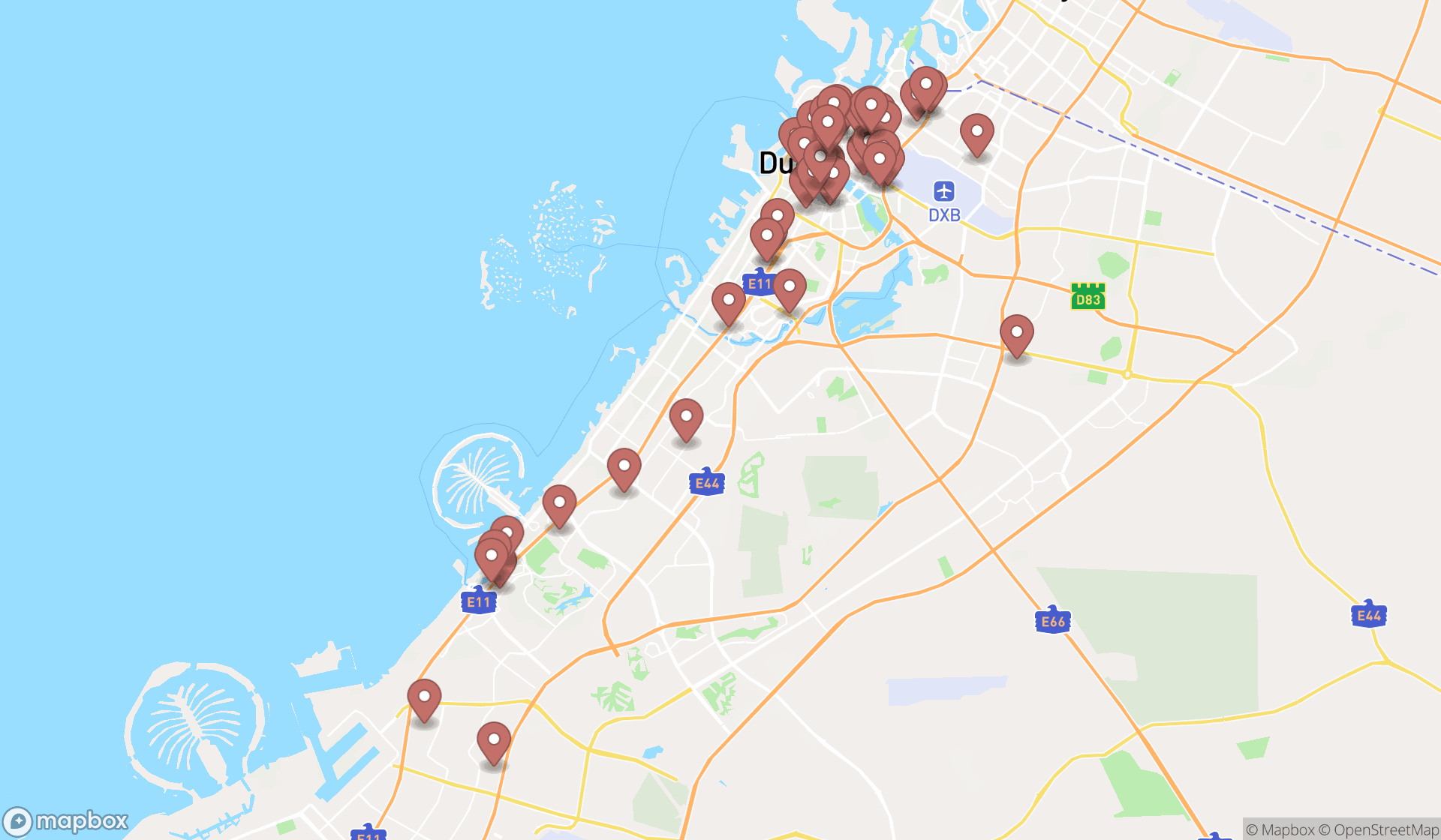 Map showing the search results in Dubai