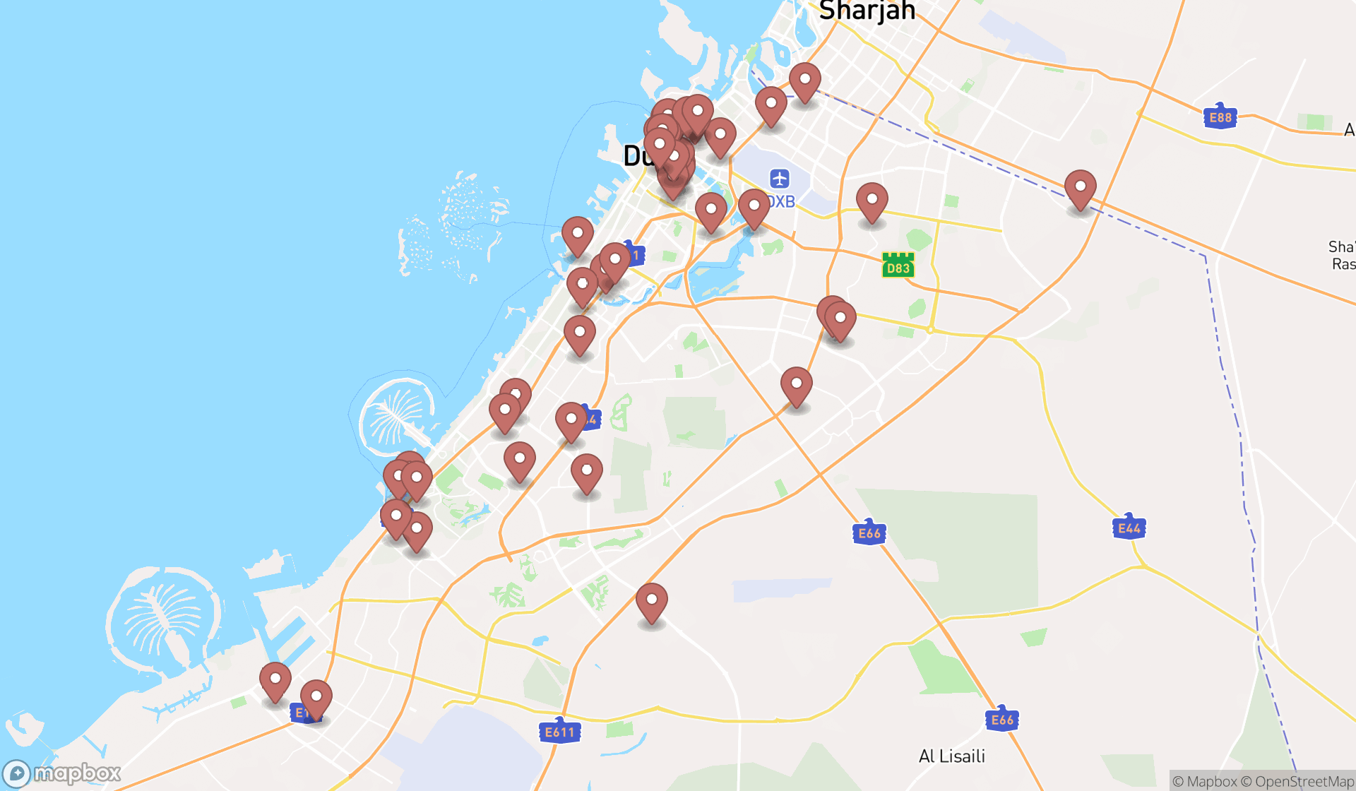 Map showing the search results in Dubai
