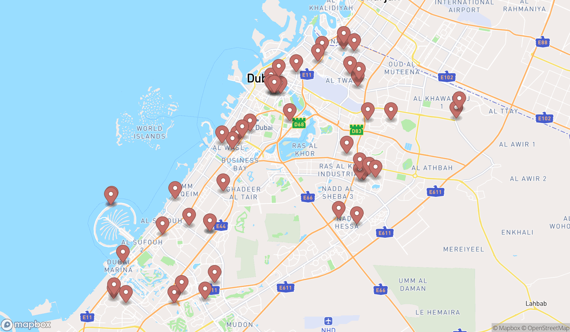 Map showing the search results in Dubai