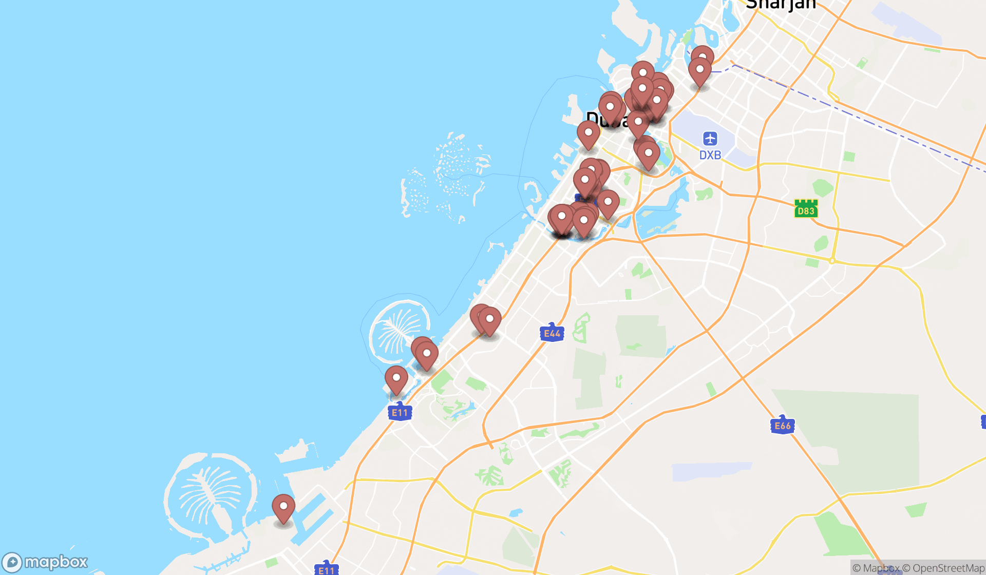Map showing the search results in Dubai
