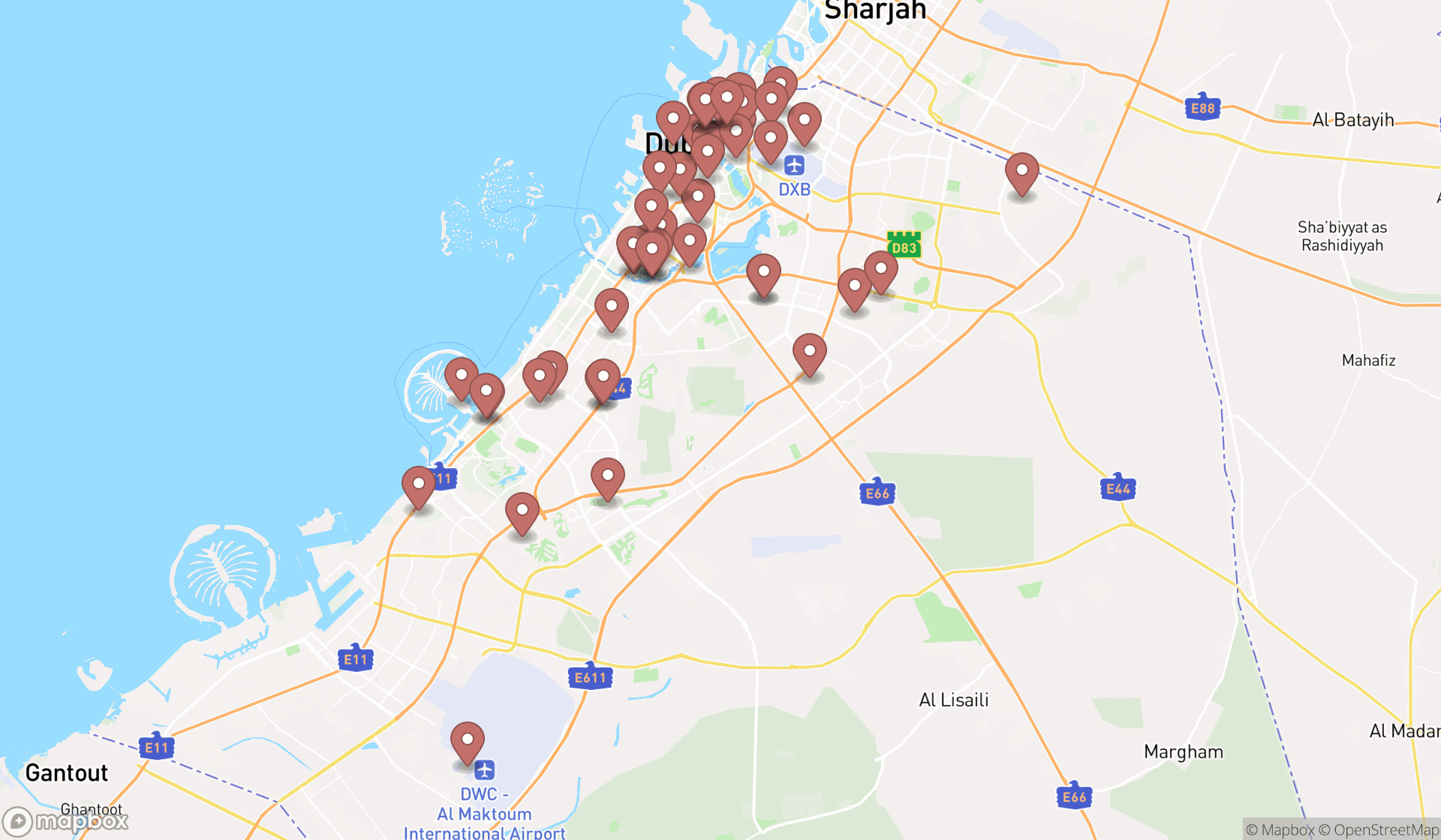 Map showing the search results in Dubai