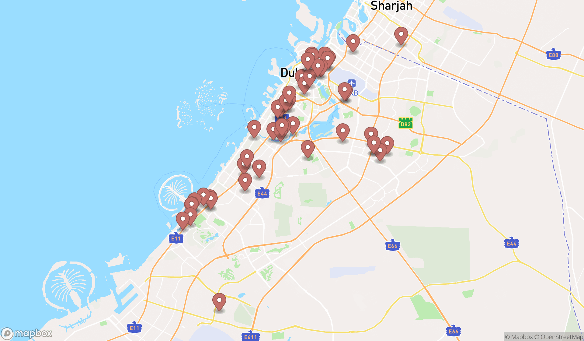 Map showing the search results in Dubai