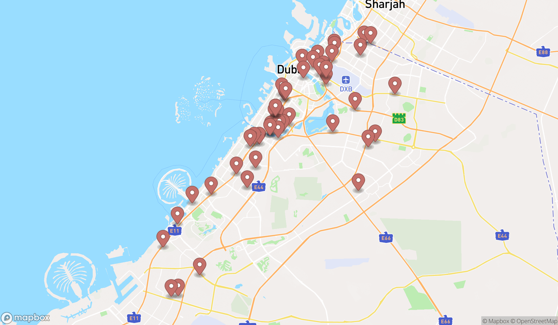 Map showing the search results in Dubai