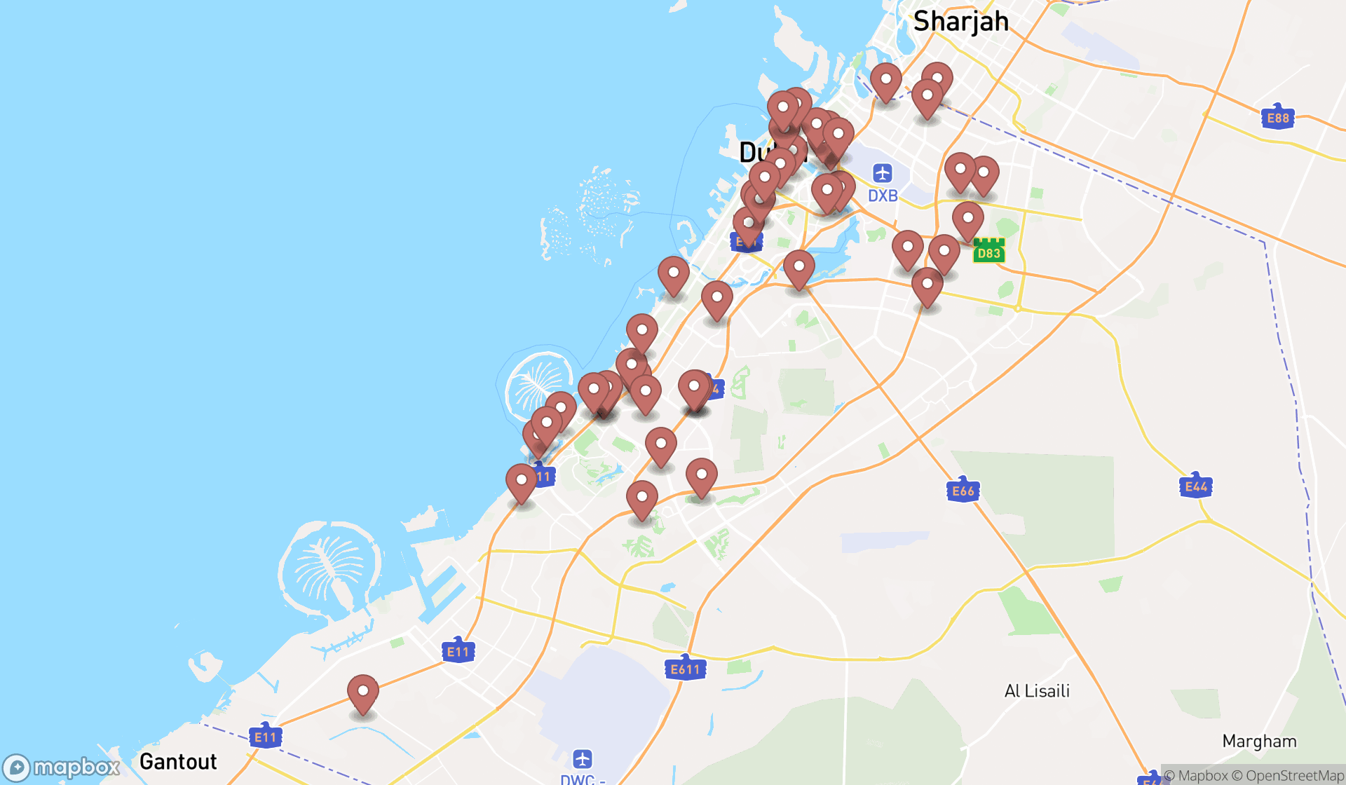 Map showing the search results in Dubai