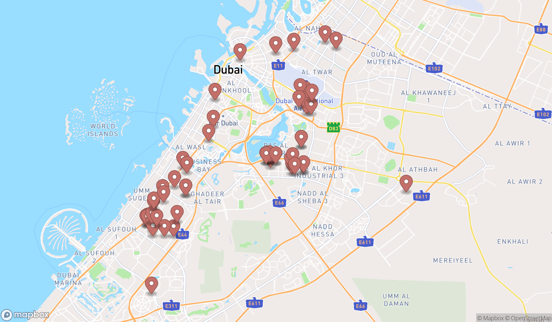 Map showing the search results in Dubai